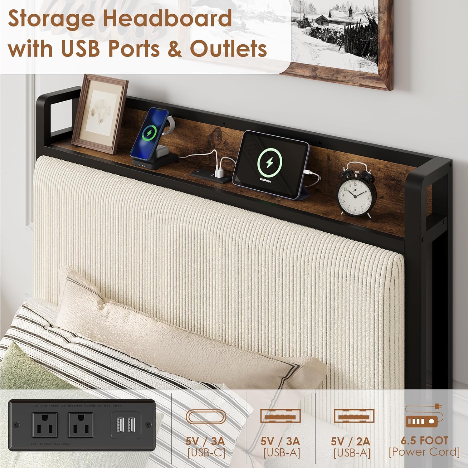 Twin Size Bed Frame with 2 Storage Drawers and Charging Station, Rustic Linen Upholstered Platform Bedframe with Storage Headboard, Heavy Duty, No Box Spring Needed, Easy Assembly, Noise Free, Beige