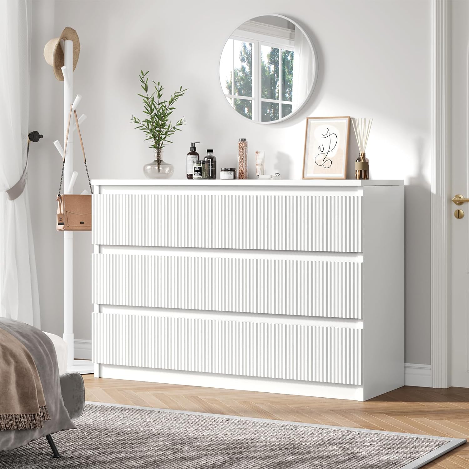 Jocoevol 6 Drawer Dresser, Fluted Dresser for Bedroom with Sleek Hidden Handles, Bedroom Dressers with Drawers, Wood Closet Clothes Storage Organizer for Bedroom, Pure White