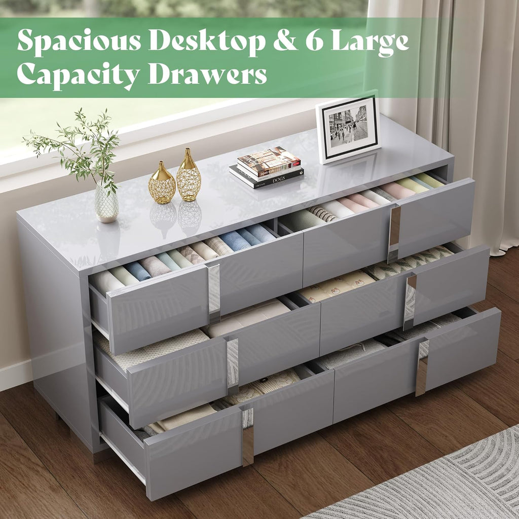 AMERLIFE 3 Piece Bedroom Set, Two 23.6" Nightstands & 6-Drawer Dresser, Silent Glide Drawers & Metal Handles, Modern High Gloss UV Finish, Dresser Set for Bedroom, Grey