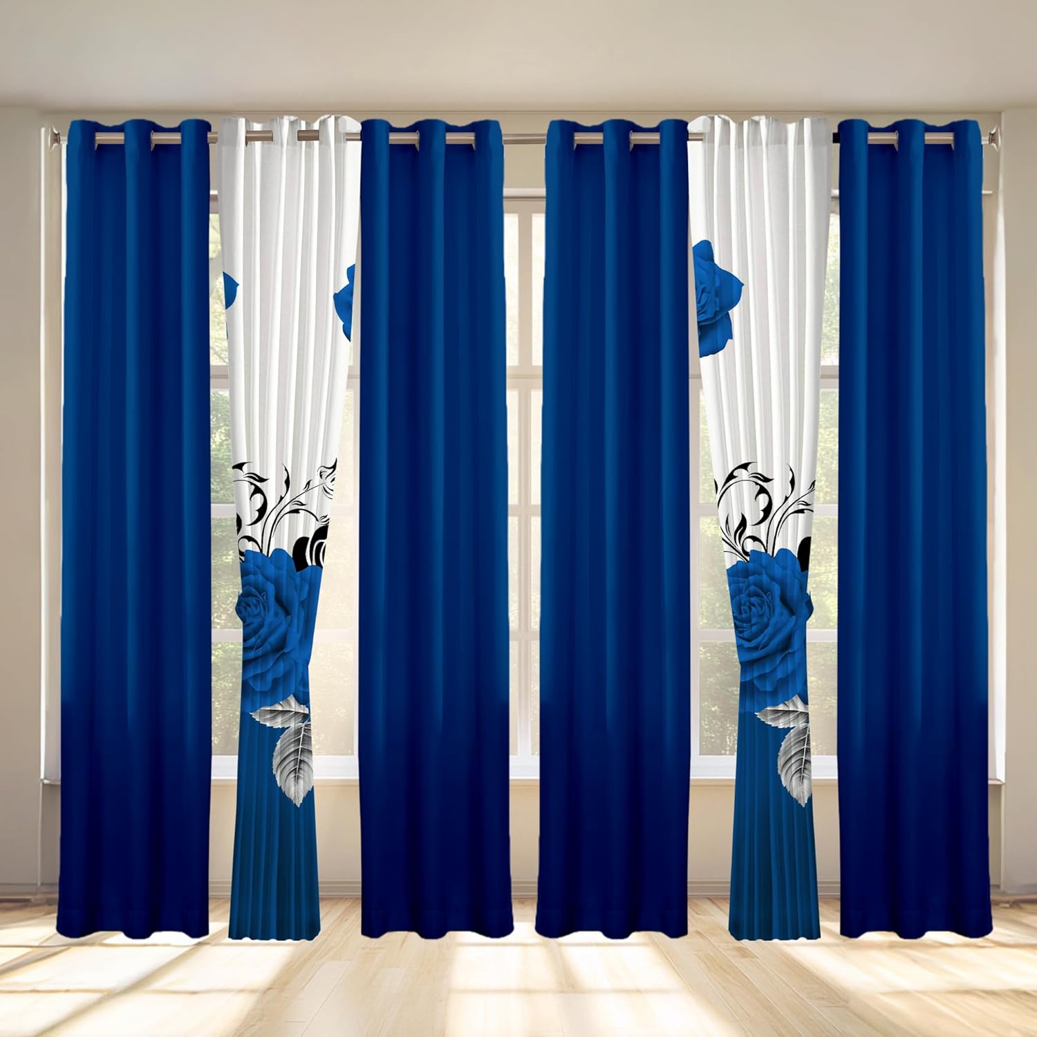 Deepsleep Queen Size Quilt Set 9 Pieces with Matching Curtain, with 2 Pillowcases and 6 Curtains for Bedroom, Machine Washable Microfiber Bedding Set for All Season, Blue Rose