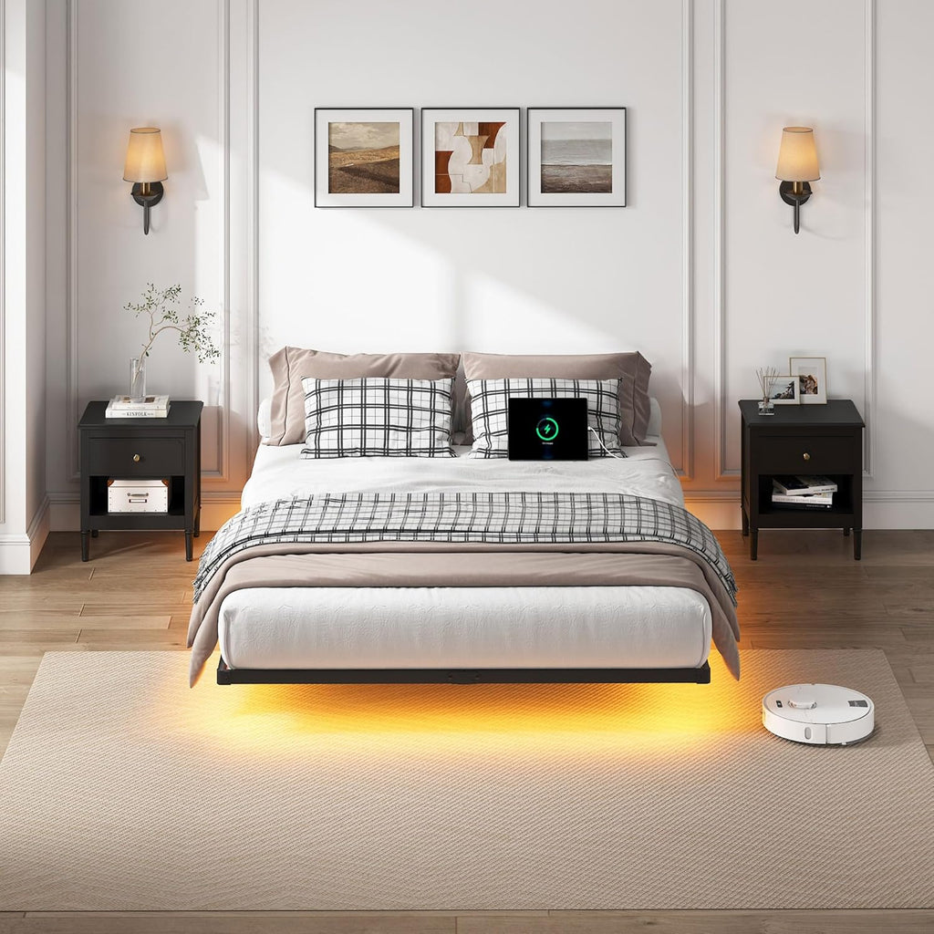 YORMDMO Floating Bed Frame Queen Size, Heavy Duty Bedframe with Smart LED Lights & Charging Station, Modern Metal Platform Bed, Easy Assembly No Box Spring Needed, 8 Inch