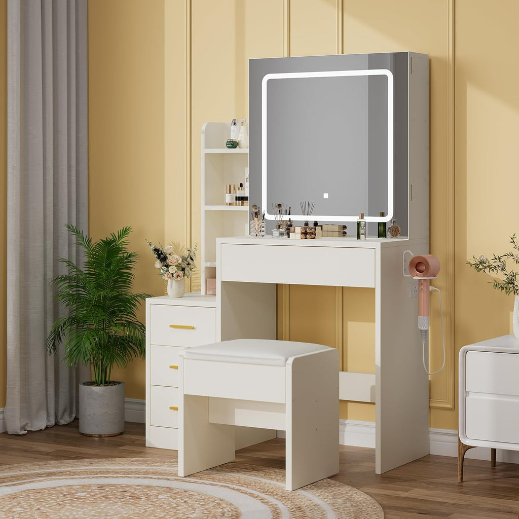 IDEALHOUSE Stylish LED Lighted Vanity Set with Stool – Modern Makeup Table with 4 Drawers, Sliding Mirror & Open Shelves for Bedroom or Bathroom, in White