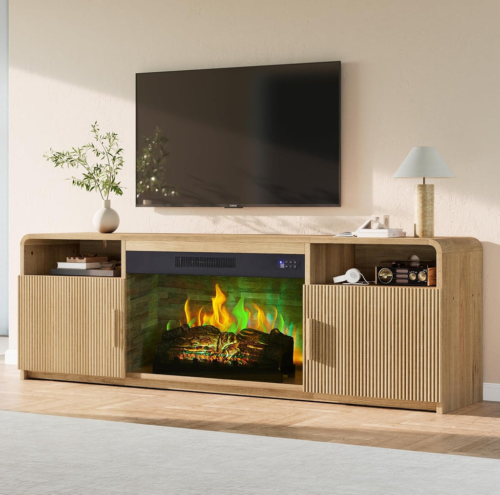 AMERLIFE 70" Fluted Fireplace TV Stand for TVs Up to 80", Modern TV Console with 30" Electric Fireplace & Storage Cabinets, Media Entertainment Center for Living Room, Natural Oak