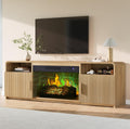 AMERLIFE 70" Fluted Fireplace TV Stand for TVs Up to 80", Modern TV Console with 30" Electric Fireplace & Storage Cabinets, Media Entertainment Center for Living Room, Natural Oak