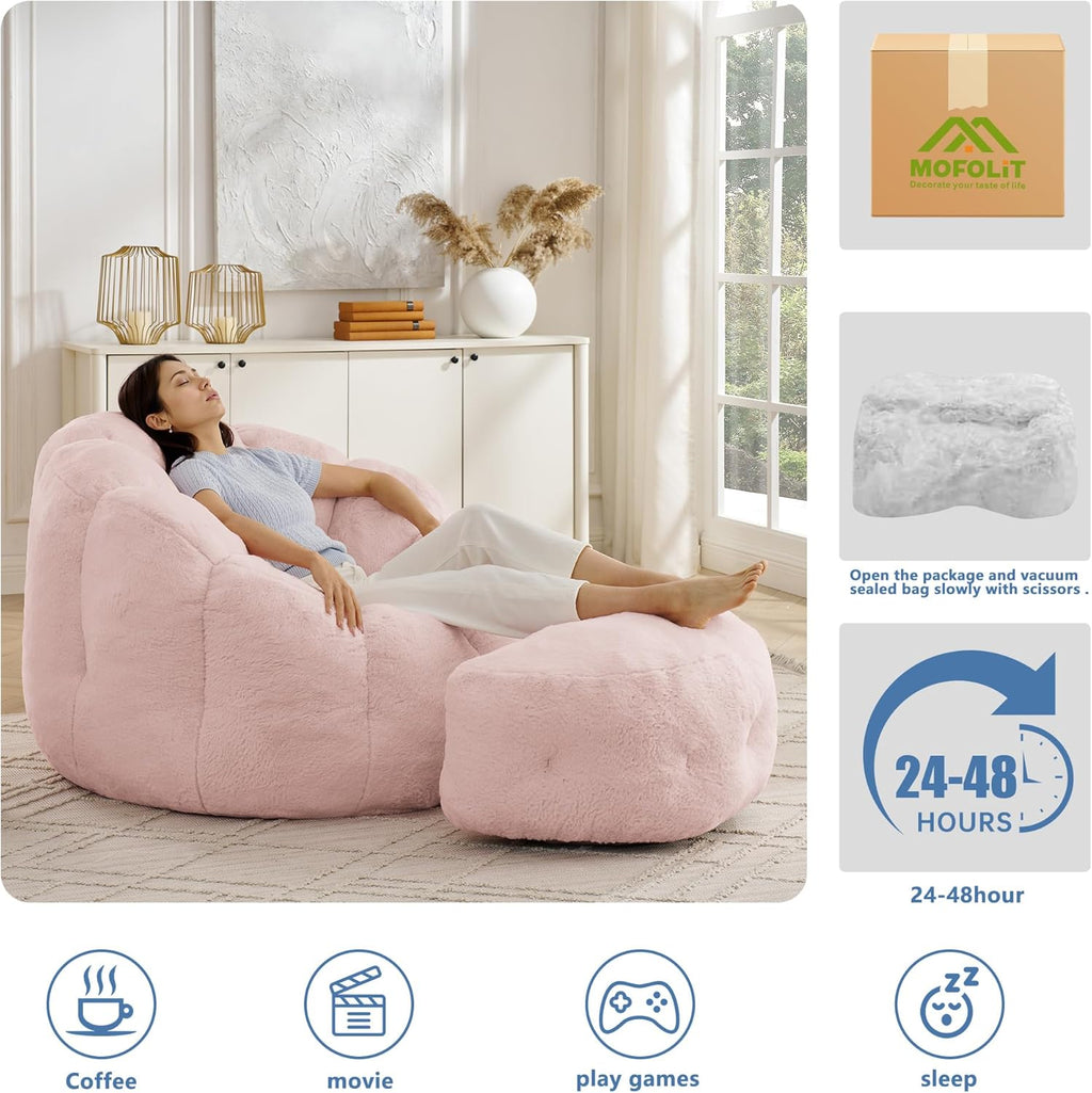Mofolit 46" Oversized Flower Bean Bag Chair with Ottoman for Adults,Large Cozy Beanbag Chair with Artificial Rabbit Fur Fabric,Boneless Sofa for Living Room,Reading Room and Apartment. (Pink)