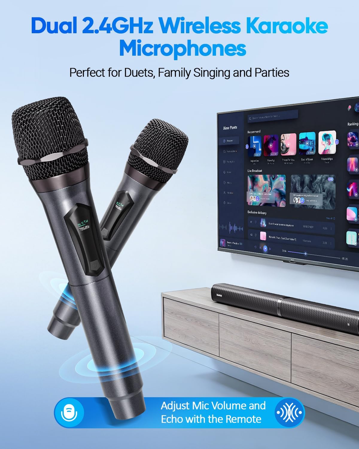 Soundbar with Subwoofer for TV, Home Theater Bluetooth 5.3 Speaker System with 2 Wireless Karaoke Mics, Surround Sound Audio with HDMI ARC, Optical, AUX, USB for Movie, Music, Family Party(Peak 240W)