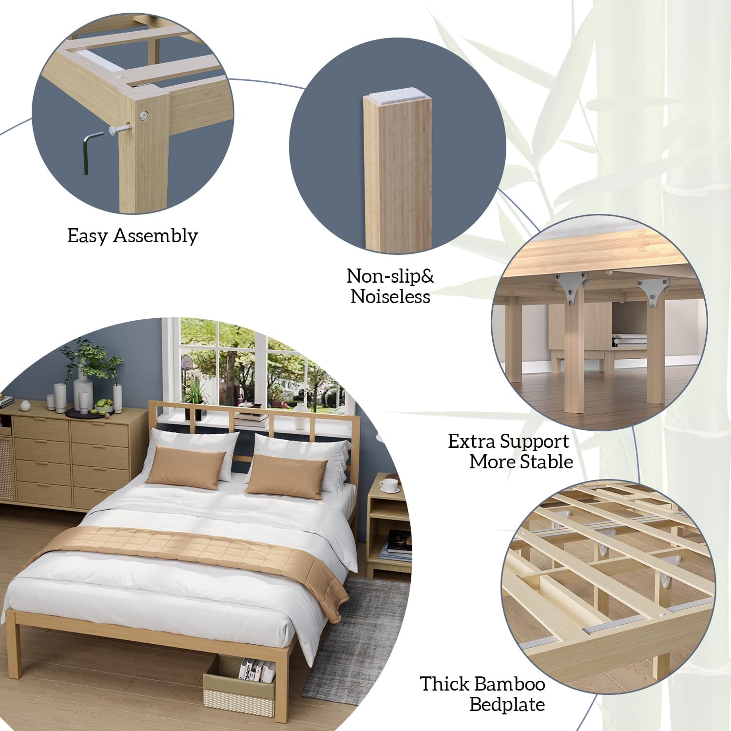 Bamboo Bed Frame Queen Size with Headboard Platform Bedframe Solid Stablewith Non-Slip Slats Support Tall Bed No Box Spring Needed Heavy Duty Easy Assembly Noise Free Nature