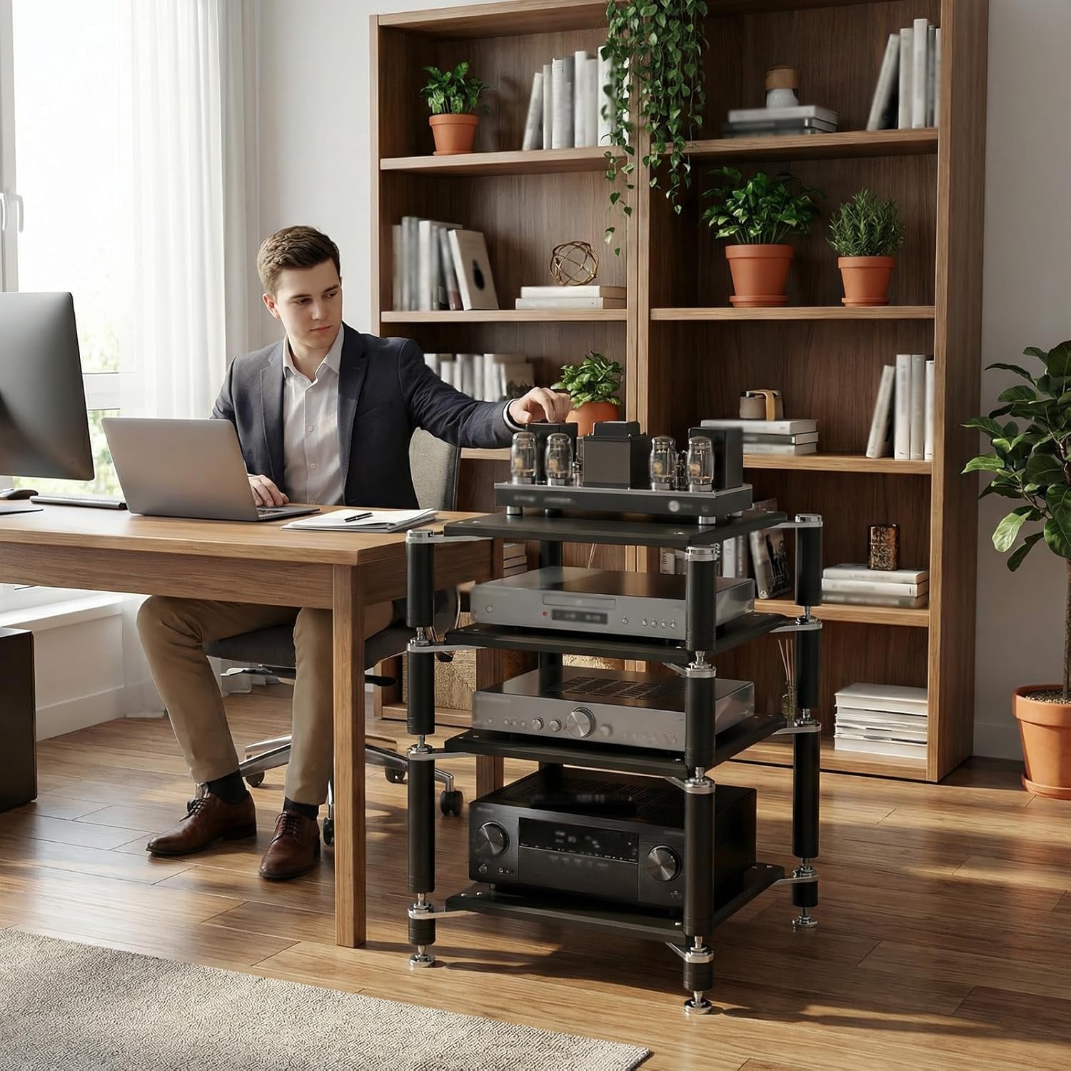 3-Tier AV Media Stand, Heavy Duty Audio Rack with Shock-Absorbing Foot pegs, Open Design av Stand, Multi-Layer Stereo Equipment Rack for Home, Office, Theater (Black, 3-Tiers)