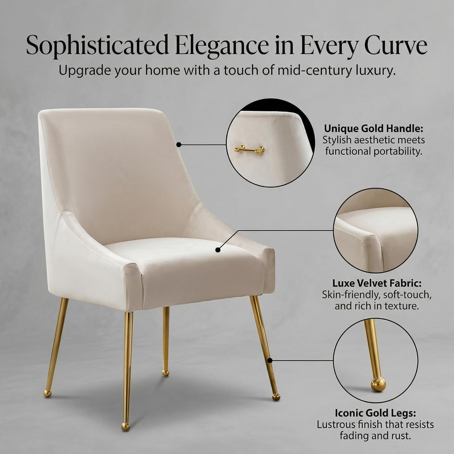 Modern Velvet Dining Chairs Set of 2, Contemporary Upholstered Furniture Collection with Polished Gold Metal Legs, Elegant Accent Chairs for Kitchen Living Room(White)