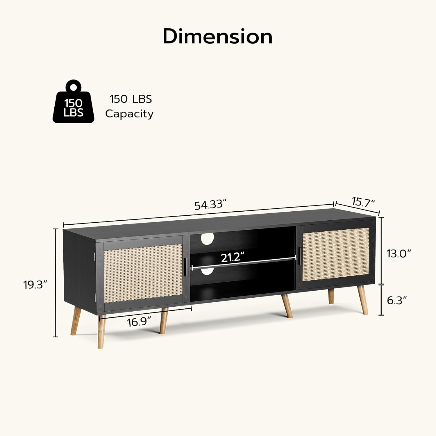 ZttRiee TV Stand for TVs up to 65'', Entertainment Center with Rattan Door, Shelves & 2 Cabinets, Boho Media TV Console for Living Room, Bedroom, Black