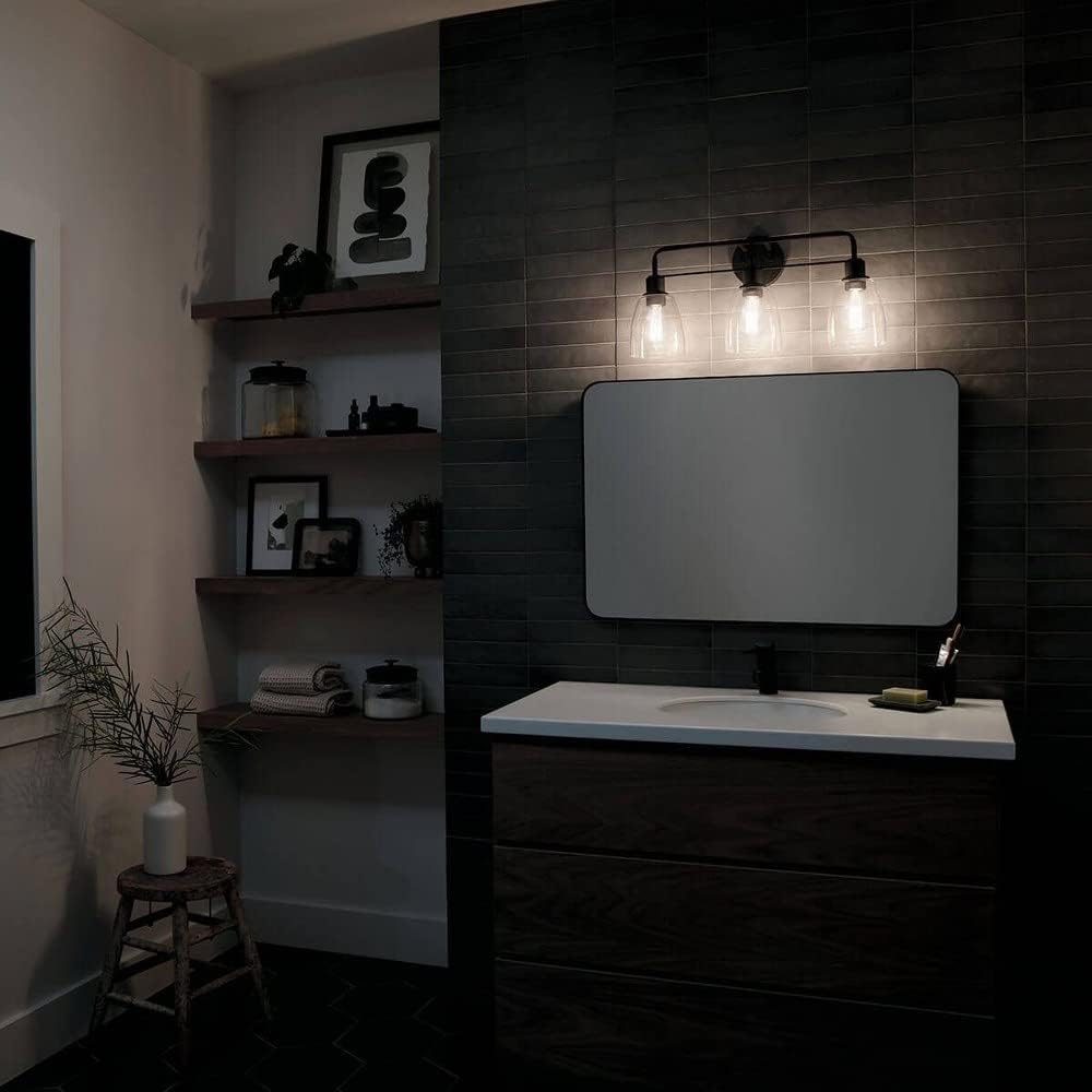 Kichler Meller 24 in 3-Light Bathroom Vanity Light Fixture with Clear Glass in Black for Modern Bathroom Lighting over Mirror, Wall Mount Sconce (7 in x 11.25 in x 24 in), 55102BK