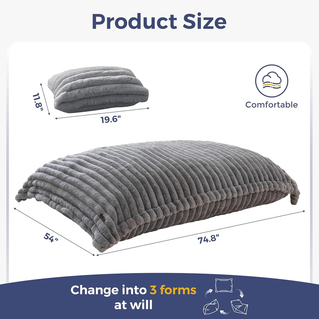 MAXYOYO Giant Bean Bag Chair with Pillow, 3 in 1 Convertible Bean Bag Chair for Adults with Washable Cover, Floor Cushion Stuffed Floor Lounger for Living Room Bedroom, Grey, Full
