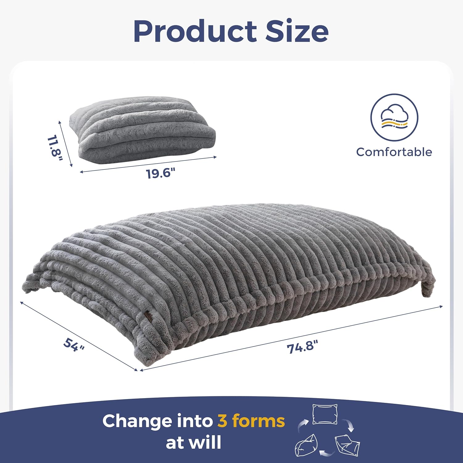 MAXYOYO Giant Bean Bag Chair with Pillow, 3 in 1 Convertible Bean Bag Chair for Adults with Washable Cover, Floor Cushion Stuffed Floor Lounger for Living Room Bedroom, Grey, Full