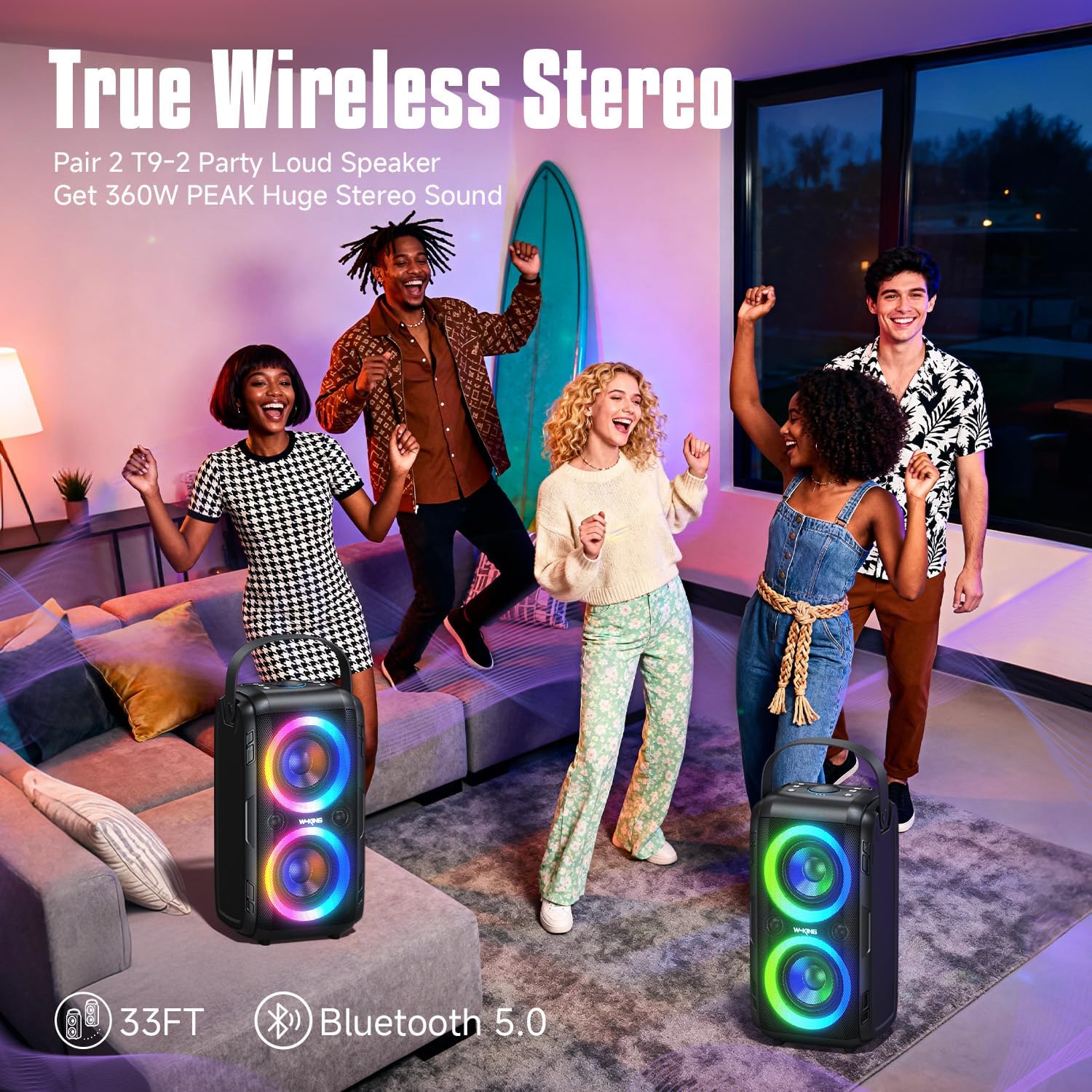 W-KING Party Bluetooth Speaker Boom Box, 180W Max Big Large Loudest Wireless Outdoor Portable Speaker 4 Drivers with 2*4.04'' Subwoofer, 80W HD Huge 105dB Pulse Natur Deep Bass, IPX5/24H/EQ/USB/TF/AUX