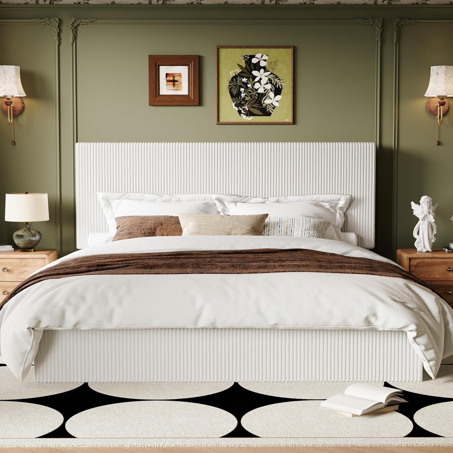 Allewie King Bed Frame, Upholstered Platform Bed, Adjustable Vertical Channel Tufted Headboard, Corduroy Fabric, Modern Low Profile, Wooden Slats, No Box Spring Needed, Easy Assembly, White
