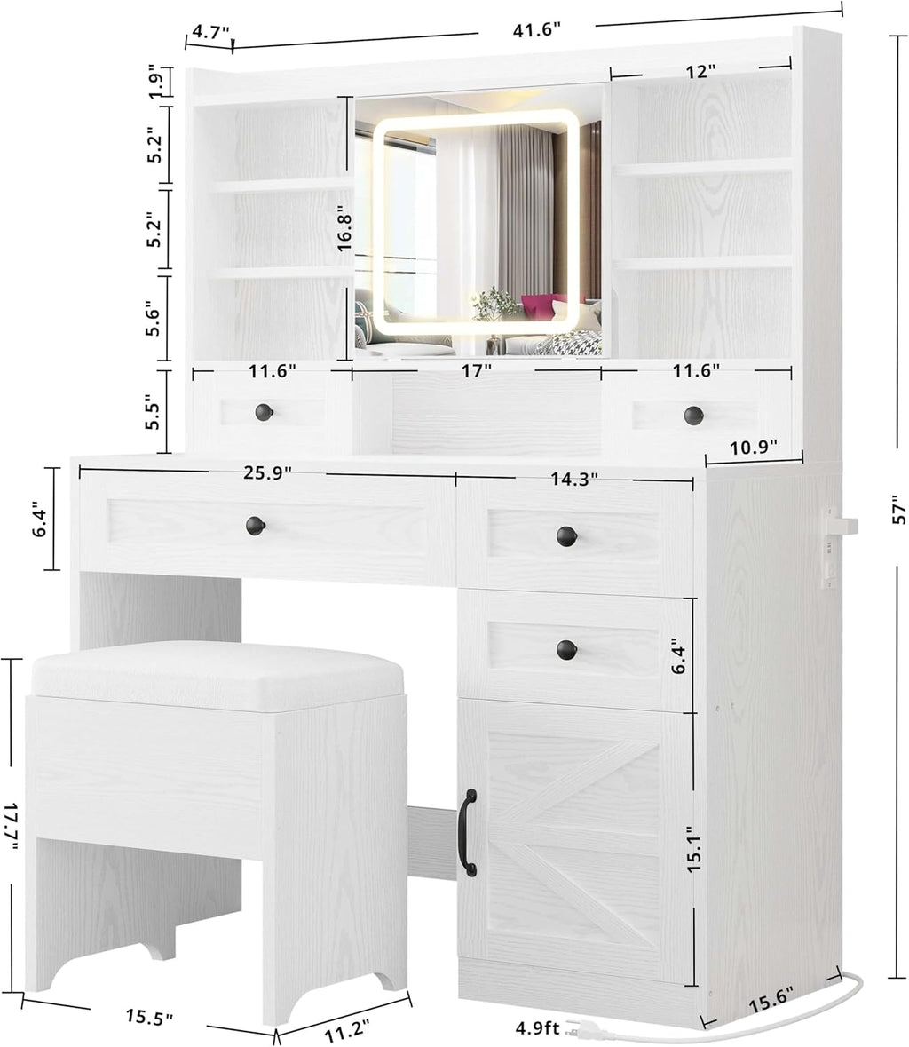 IRONCK Vanity Desk with LED Lighted Mirror, Large Storage Makeup Vanity Table with 5 Drawers, Cabinet, 7 Open Shelves, Power Outlet, Storage Stool, Bedroom, White