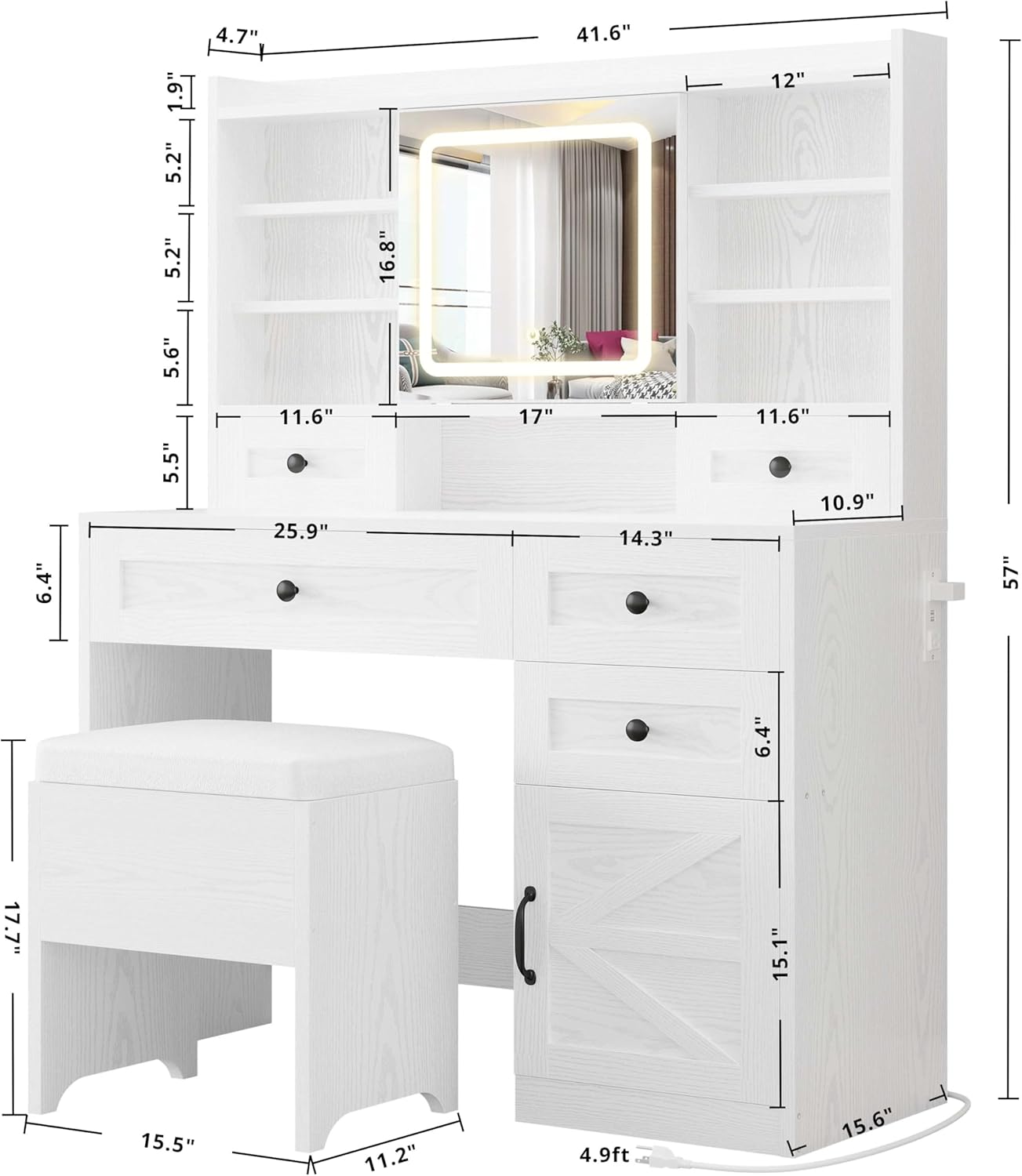 IRONCK Vanity Desk with LED Lighted Mirror, Large Storage Makeup Vanity Table with 5 Drawers, Cabinet, 7 Open Shelves, Power Outlet, Storage Stool, Bedroom, White