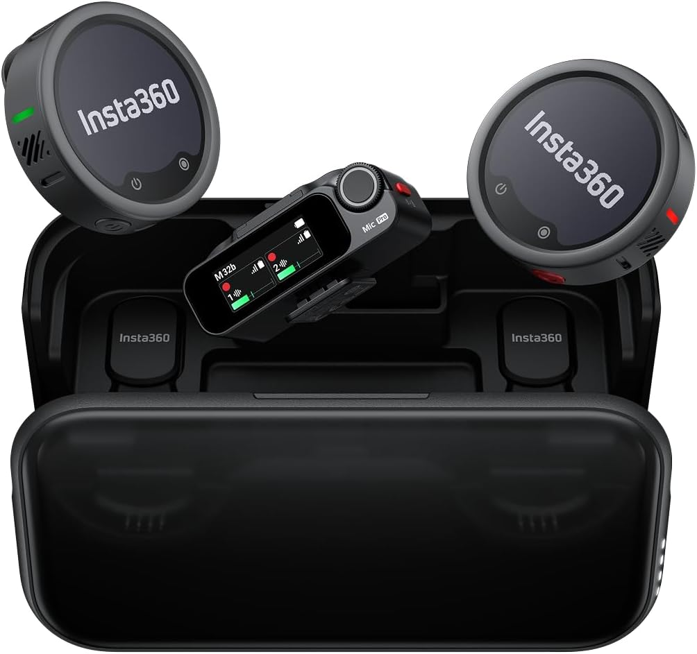 Insta360 Mic Pro (2 TX + 1 RX + Charging Case), Wireless Mini Lavalier Microphone for iPhone/Camera/Android, Video Recording, Vlogging, Bluetooth, Customizable E-Ink Display, 3-Mic Array, 30hrs Use