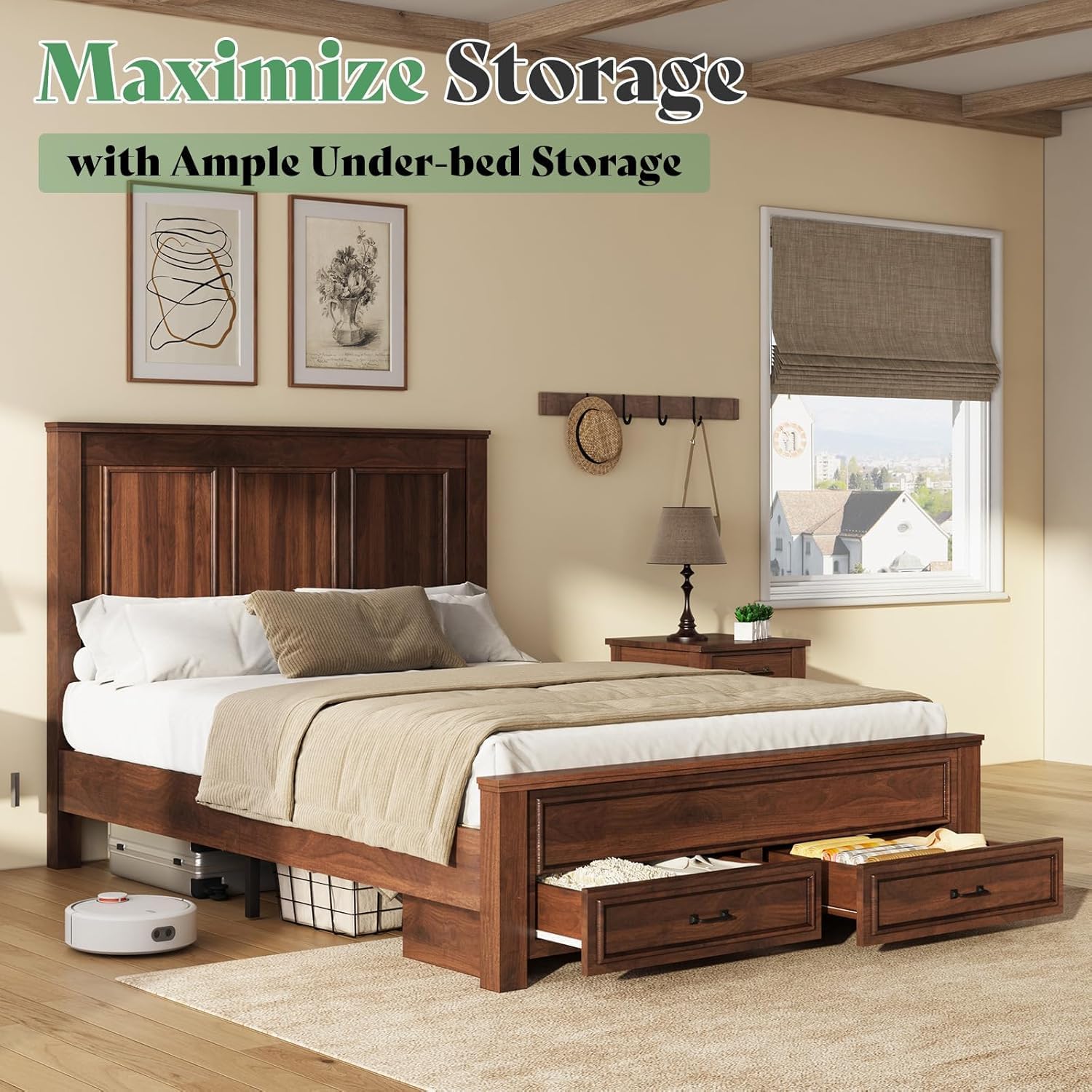 AMERLIFE Farmhouse Queen Size Bed Frame with 52.2" Tall Headboard & Footboard, Wood Platform Bed Frame with 2 Large Storage Drawers, Noiseless, No Box Spring Needed, Rustic Brown