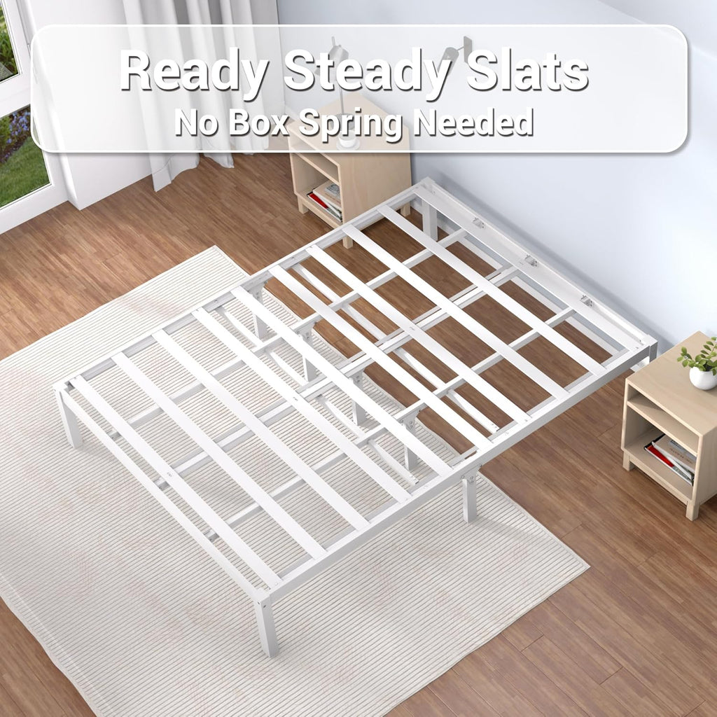 Bamboo Wood Bed Frame 14" Queen Size Platform Bed with Non-Slip Slats Support, No Box Spring Needed, Smooth Finish Bed with Under Bed Storage for Dorm & Bedroom, White
