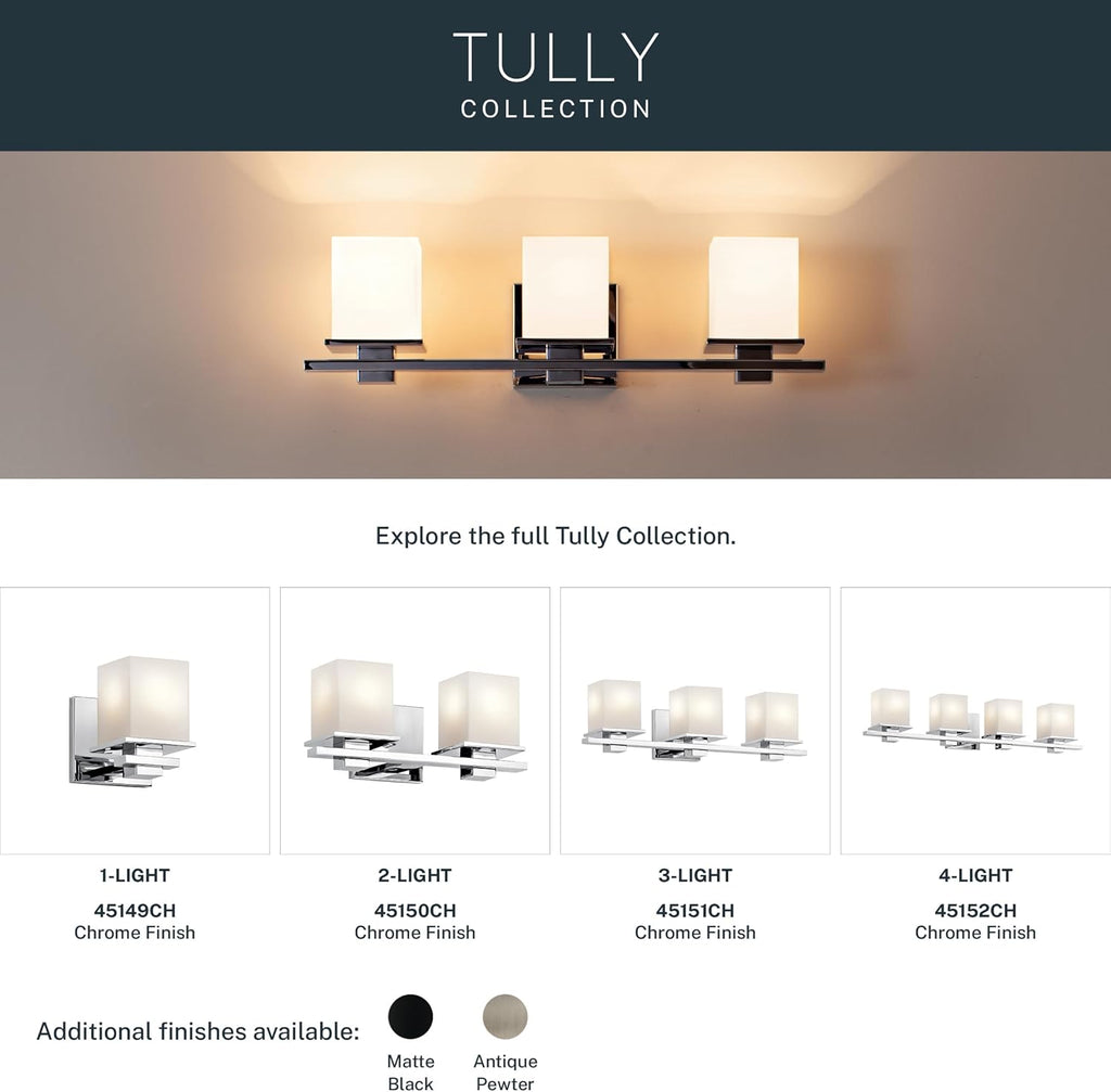 Kichler Tully 24" Vanity Light in Chrome, 3-Light Modern Bathroom Light with Satin Etched Cased Opal Glass, (24" W x 6.5" H), 45151CH