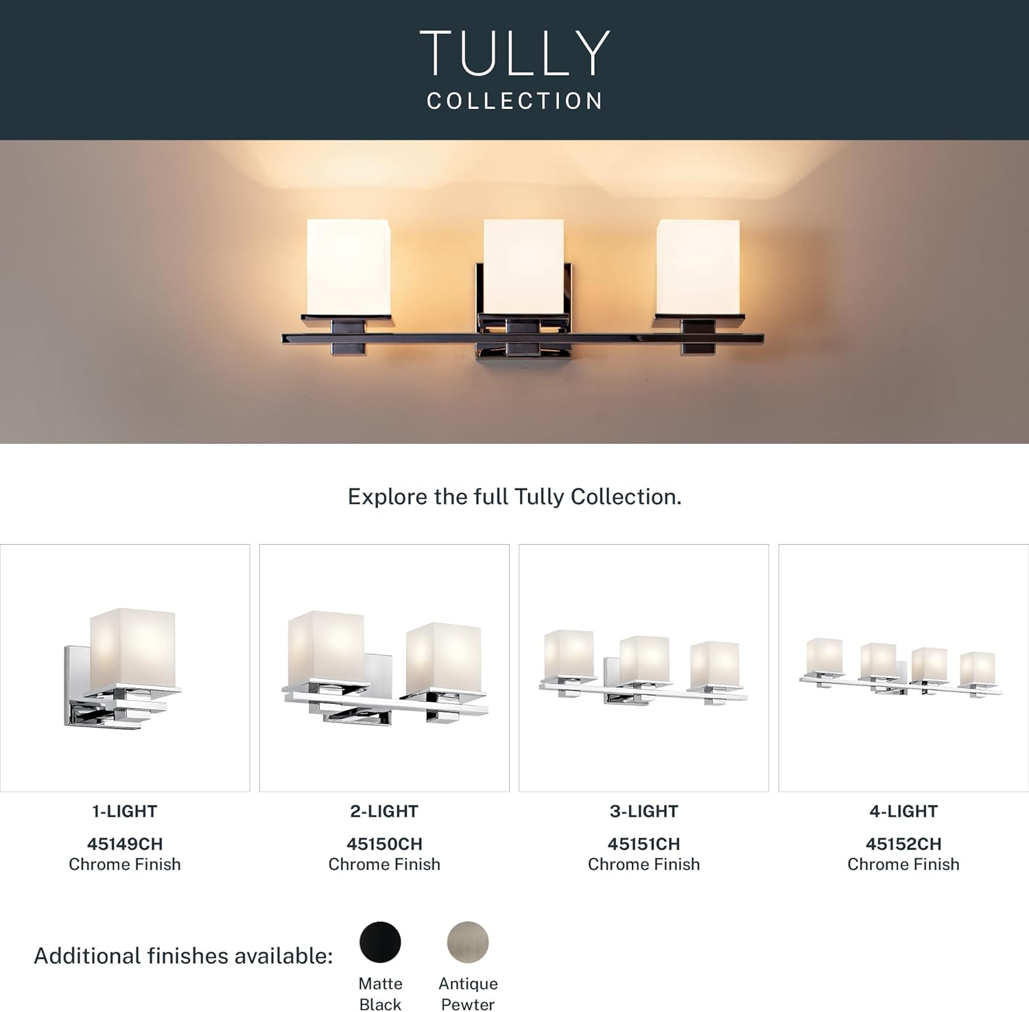 Kichler Tully 24" Vanity Light in Chrome, 3-Light Modern Bathroom Light with Satin Etched Cased Opal Glass, (24" W x 6.5" H), 45151CH