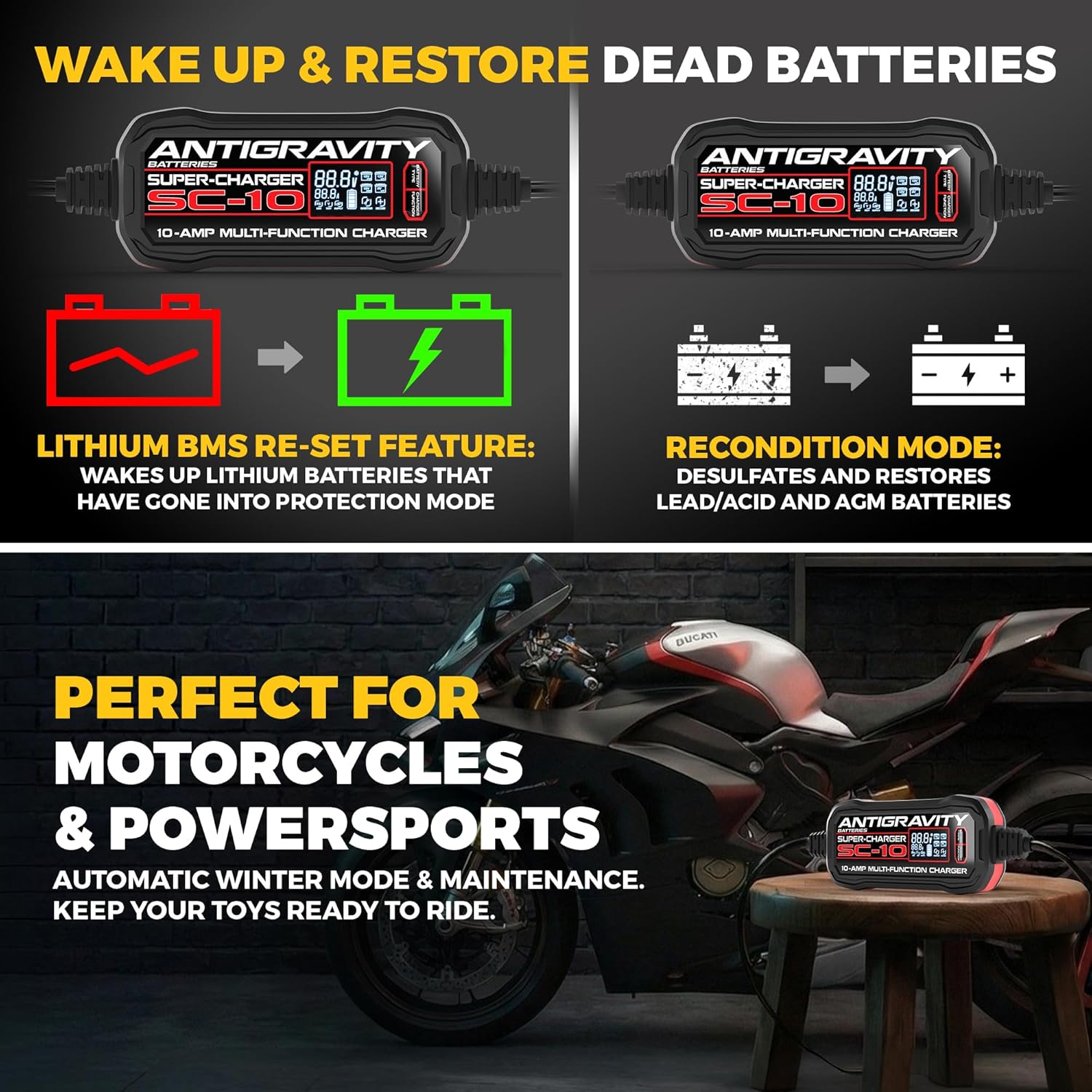 Antigravity SC-10 Super-Charger 10A Smart Battery Charger & Maintainer for 6V/12V Lithium (LiFePO4) & 12V Lead-Acid Batteries – Wall-Powered, LCD Display, Power Supply Mode, BMS Reset