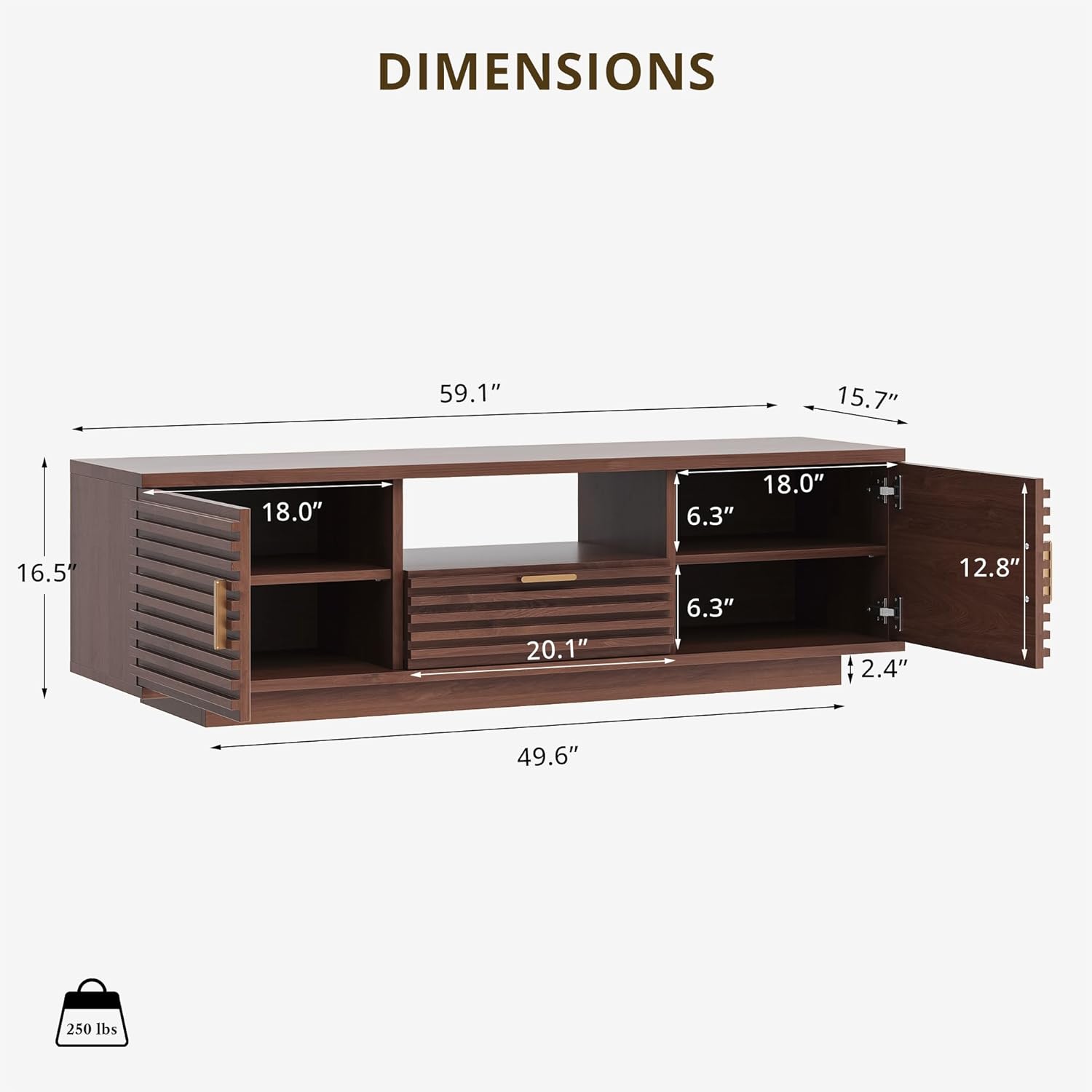 IRONCK TV Stand for TVs up to 65 Inch, Mid Century Modern Fluted Entertainment Center with Storage, TV Console with Cabinet and Adjustable Shelves for Living Room, Bedroom, Walnut