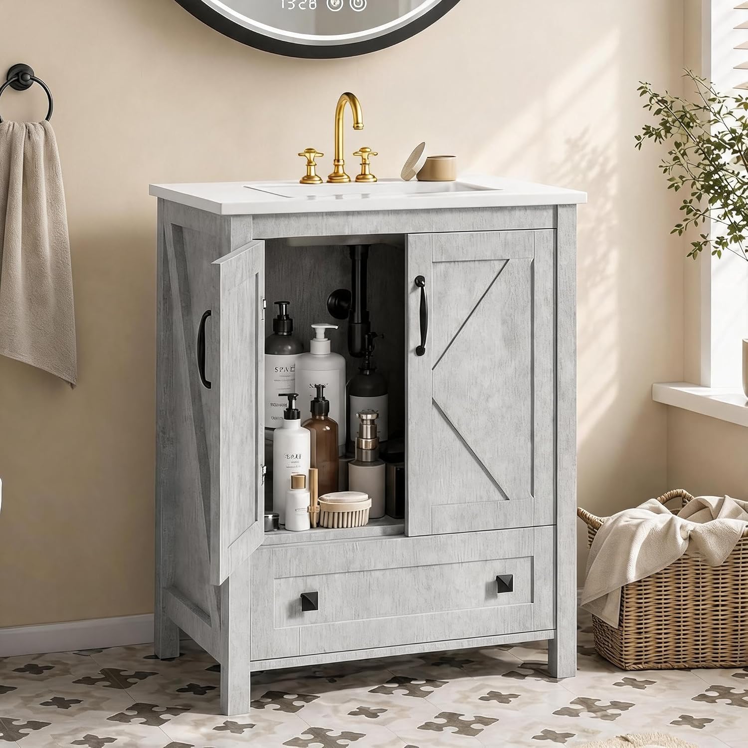 GarveeHome 30 inch Vanity with Ceramic Sink, Modern Bathroom Vanity with 2 Doors and 1 Storage Drawer, Freestanding Bathroom Cabinet with Contemporary Design for Your Bathrooms, Grey
