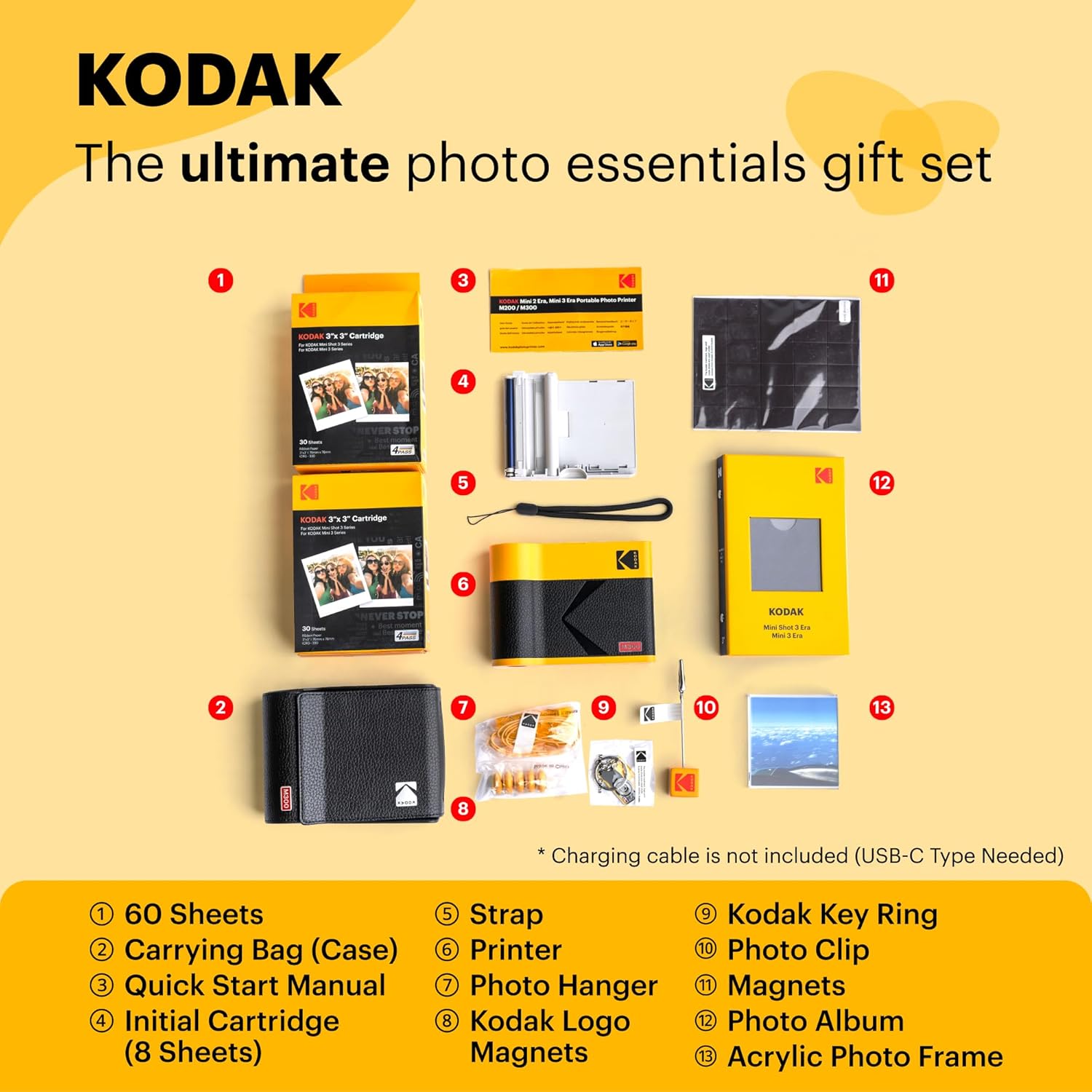 KODAK Mini 3 ERA 4PASS Portable Photo Printer (Yellow, Printer + Initial 8 Sheets + 60 Sheets + Accessories)