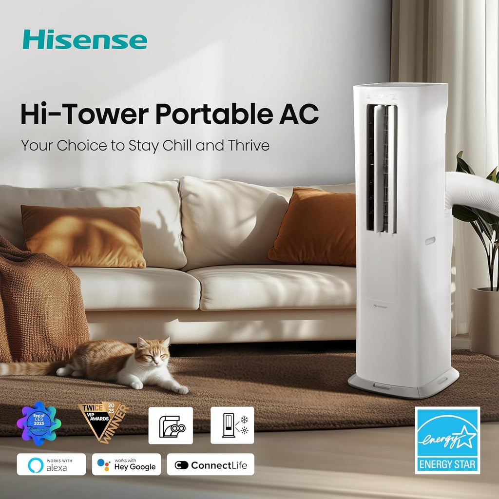 Hisense API0825UW1D Smart Inverter Twin Hose 8,000 BTU (DOE) 350 SF Heat/Cool Tower Portable Air Conditioner, White, Compatible with Alexa and Google Home Voice (Renewed)