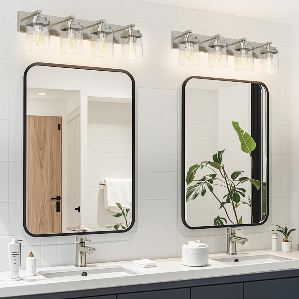 Brushed Nickel Bathroom Light Fixtures, 4 Lights Bathroom Lighting Fixtures Over Mirror, Square Design & Rectangle Large Backplate, Modern Vanity Lighting Fixtures, for Living Room/Bedroom