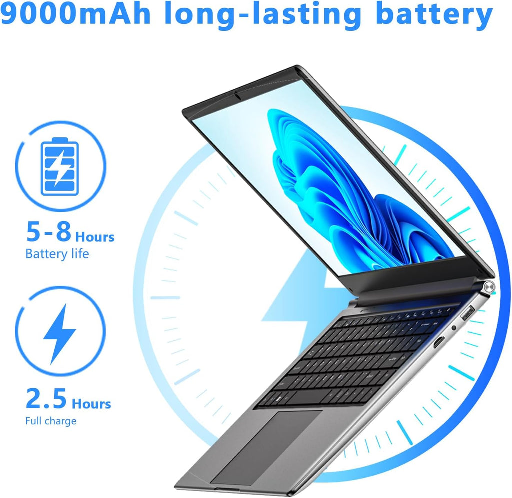 Laptop 16-inch , 8GB DDR 256GB SSD portable laptop computer, expandable to 1TB, Pentium quad-core CPU up to 2.64 GHz, 9000mAh battery, interface, USB3.0 interface, dual-band WiFi, webcam, slim laptops