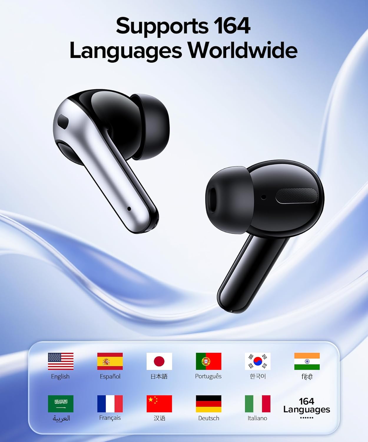AI Translation Earbuds Real Time 164 Languages Translator Ear Buds Audifonos Traductores Inglés Español 70H Playtime Wireless Earphones AI Bluetooth Headphones for Travel Meeting Learning Black