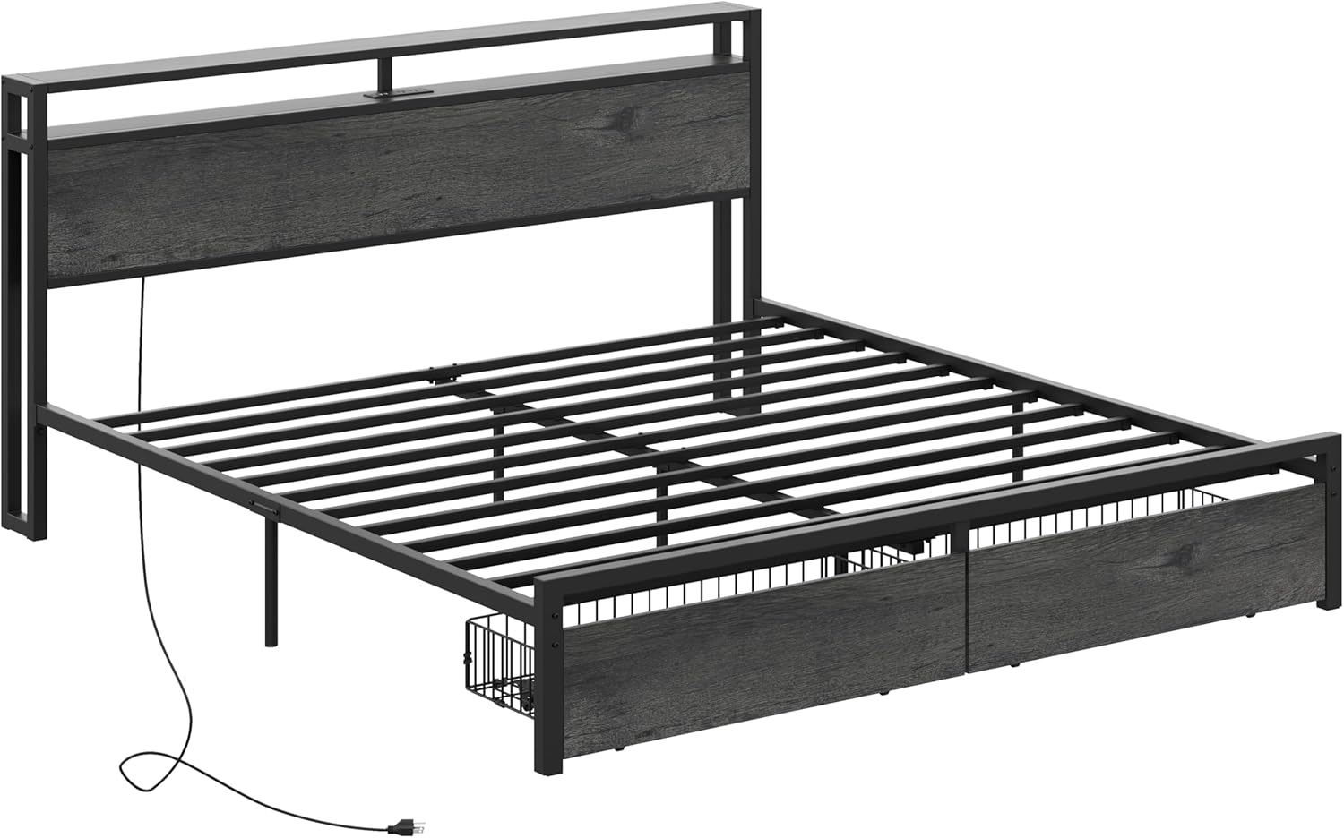 LIKIMIO King Bed Frame with Storage Headboard, Platform Bed with Drawers and Charging Station, No Box Spring Needed, Easy Assembly, Charcoal Grey