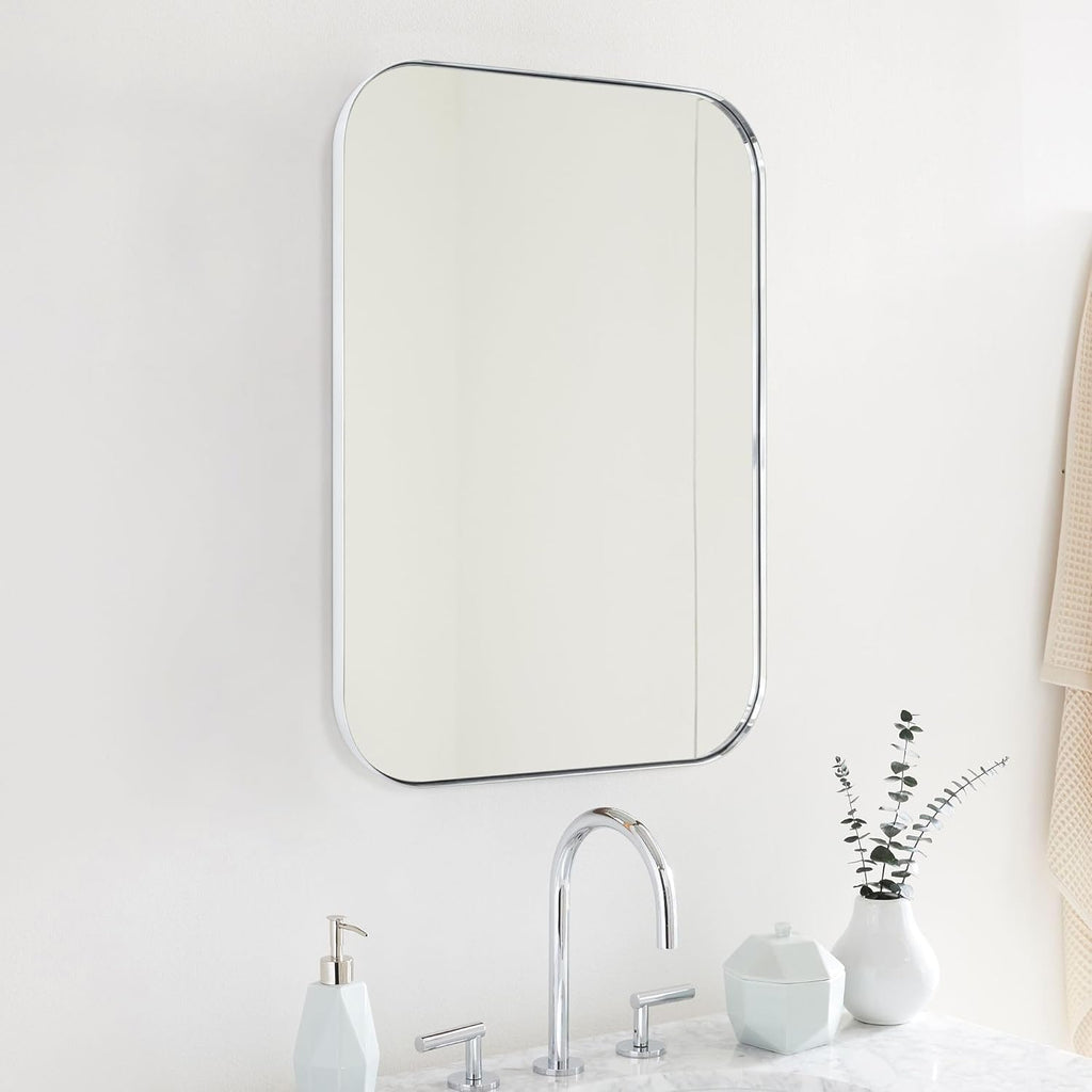 22x30'' Chrome Rounded Rectangle Bathroom Vanity Wall Mirror Stainless Steel Metal Framed Rectangular Bathroom Mirror, Vertical and Horizontal Hanging