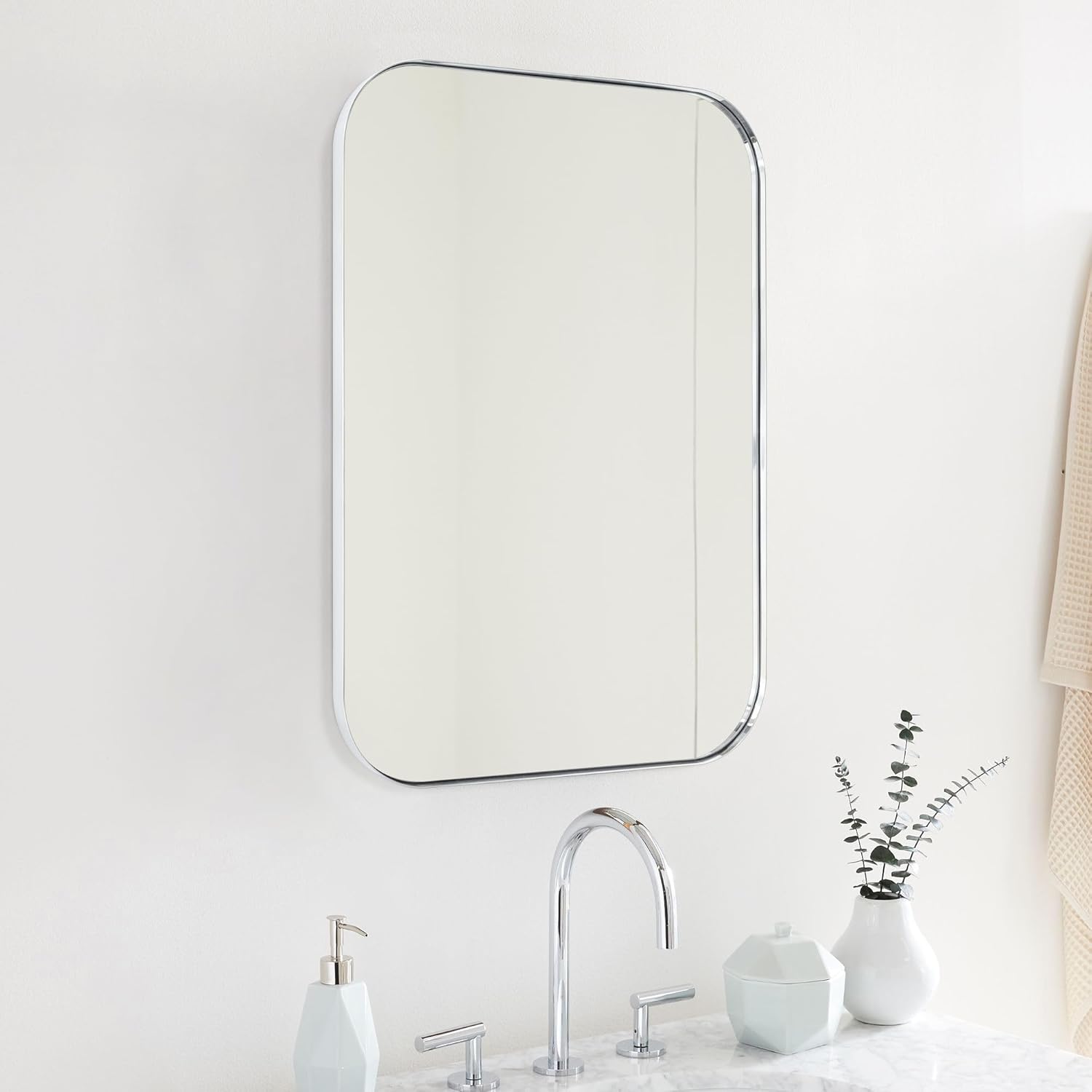 22x30'' Chrome Rounded Rectangle Bathroom Vanity Wall Mirror Stainless Steel Metal Framed Rectangular Bathroom Mirror, Vertical and Horizontal Hanging