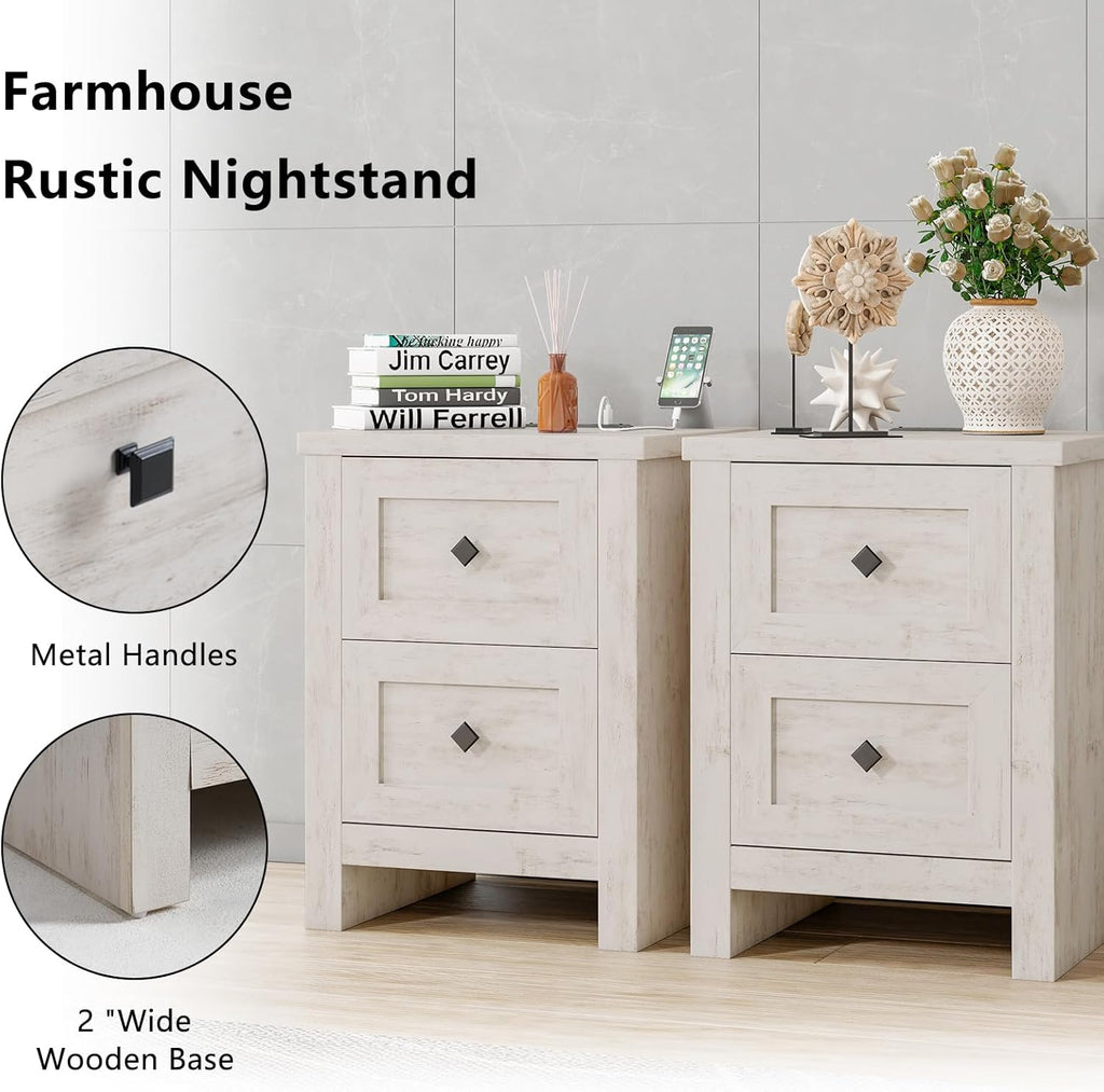 LUXOAK 4 Pieces Farmhouse Bedroom Set, 1 X Wood Rustic 6 Drawer Storage Dresser, 1 X 5 Drawer Dresser, Nightstand Set of 2 with Charging Station, Farmhouse Bedroom Furniture Set, Rustic White