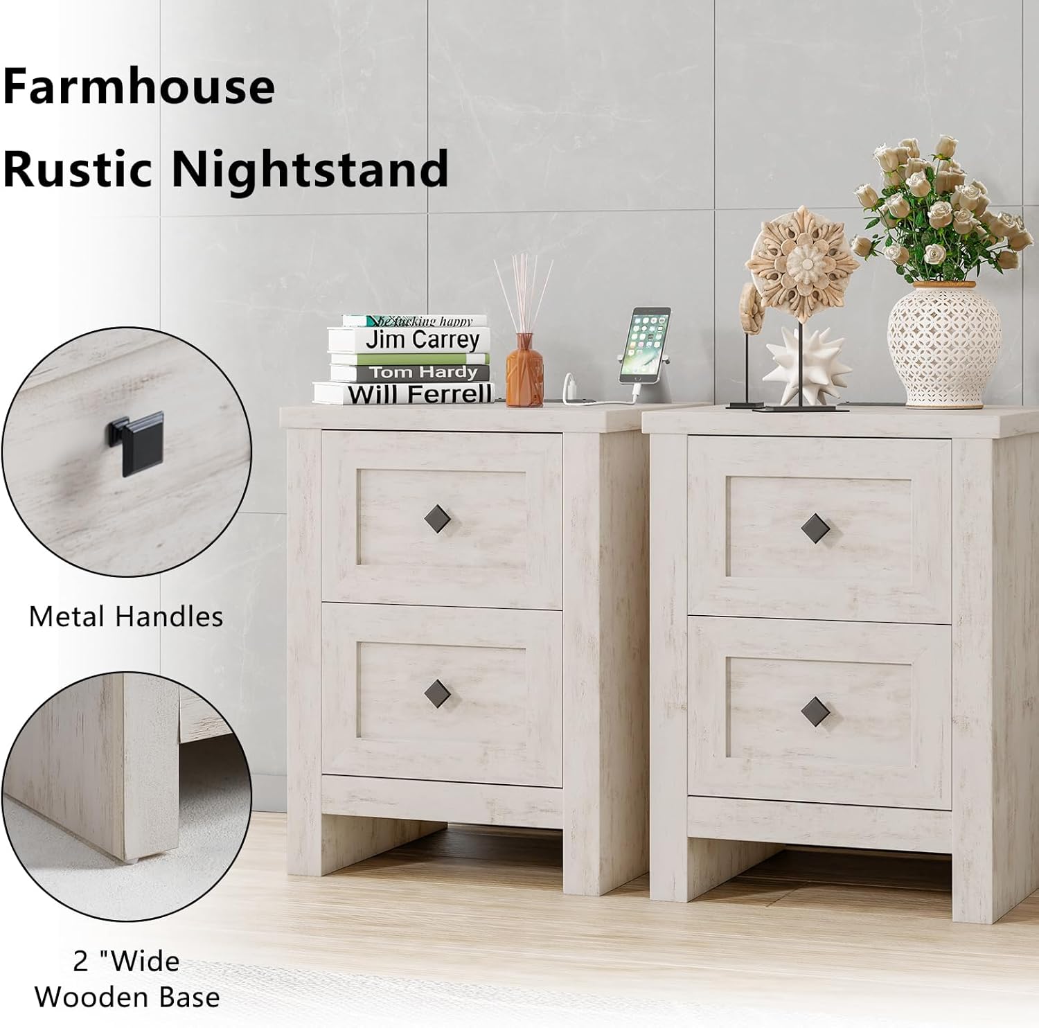 LUXOAK 4 Pieces Farmhouse Bedroom Set, 1 X Wood Rustic 6 Drawer Storage Dresser, 1 X 5 Drawer Dresser, Nightstand Set of 2 with Charging Station, Farmhouse Bedroom Furniture Set, Rustic White