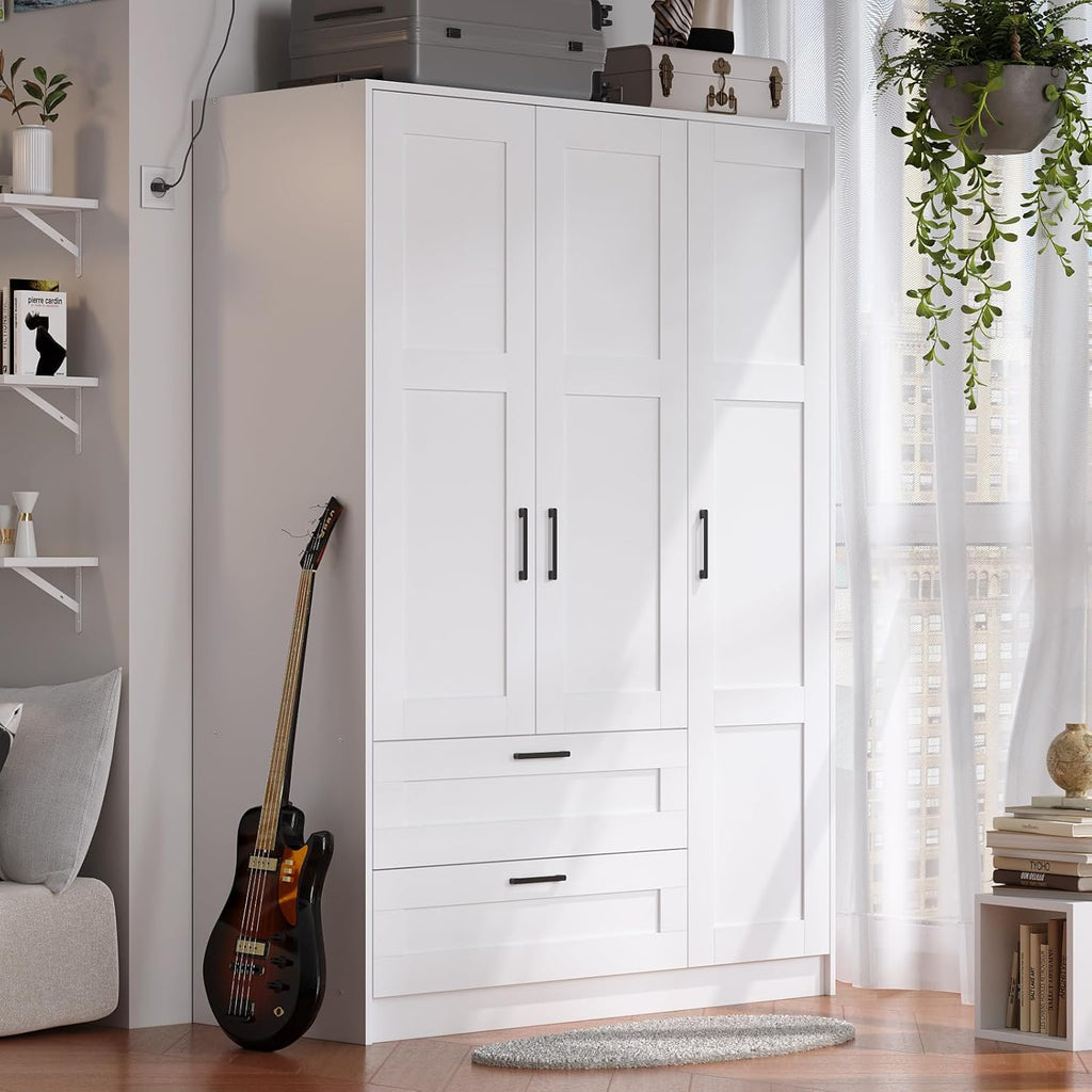 Fenghua Lizhi 3 Doors Wooden Wardrobe Closet Armoire, White Storage Cabinet for Hanging Clothes, Bedroom Large Capacity Freestanding Armoire,Wood Wardrobe Combination with Shelves (2drawer, White)