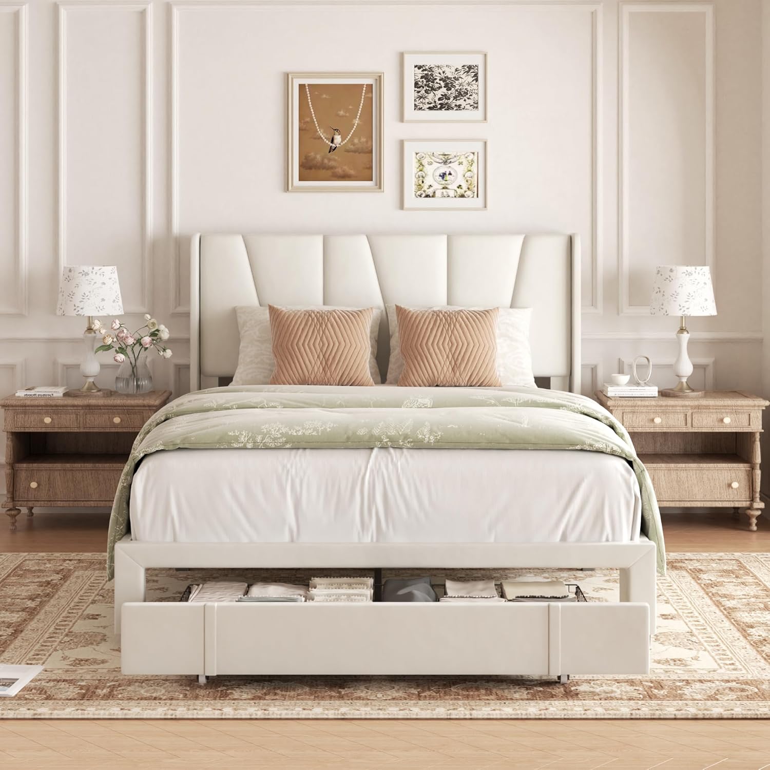 Queen Bed Frame with Storage Drawers, Upholstered Queen Size Platform Bed with 47" Tall Headboard and Wingboard, No Box Spring Needed, Noise Free, Easy Assembly, Wooden Support Slats, Beige