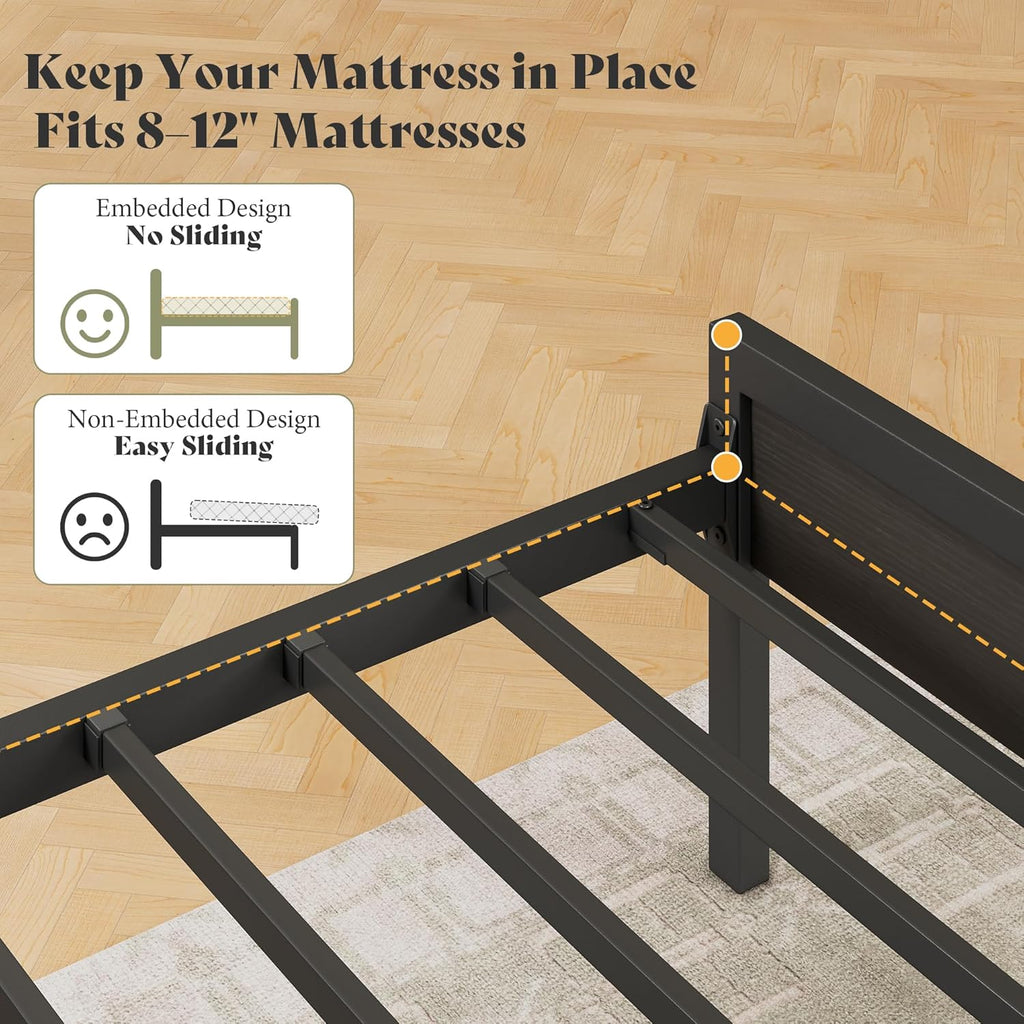 AMERLIFE Full Size Bed Frame with Storage Headboard & Charging Station, Industrial Metal Platform Bed with Large Under-Bed Storage, Heavy Duty Slats, No Box Spring Needed, Black