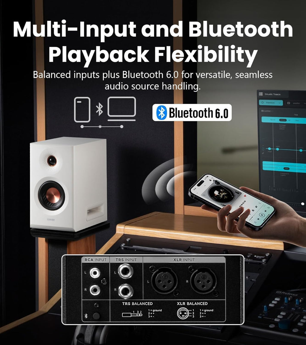 Edifier MR5 2.0 Studio Monitor Bookshelf Speakers, 110W(RMS), Hi-Res Audio, Bluetooth 6.0, 3-Way Active Design, Room Compensation, XLR/TRS/RCA Inputs, Compact Size for Home Studio & Music - Black