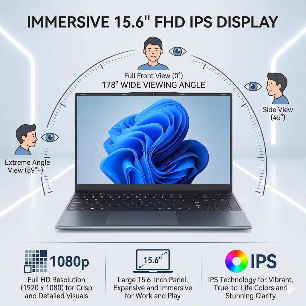 Laptop Computer 15.6 inch, Compatible with Windows 11, Core CPU(Beats Pentium, Celeron), Up to 3.4GHz, 4GB RAM, 128GB SSD, Up to 2TB, 15.6" FHD IPS 1920x1080, for Students, Business