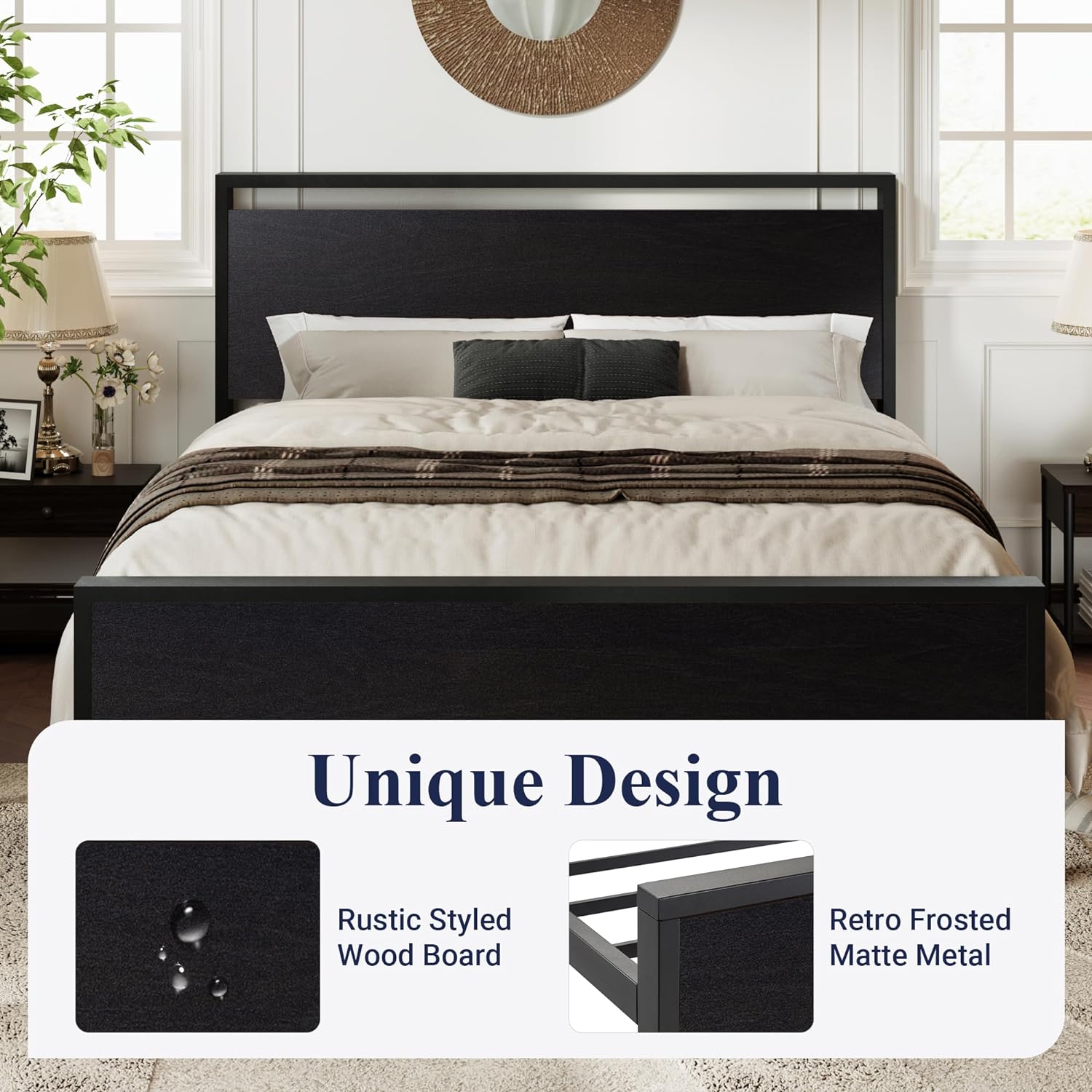 Allewie Queen Size Platform Bed Frame with Wooden Headboard and Footboard, Heavy Duty 12 Metal Slats Support, No Box Spring Needed, Under-Bed Storage, Noise Free, Easy Assembly, Black Oak