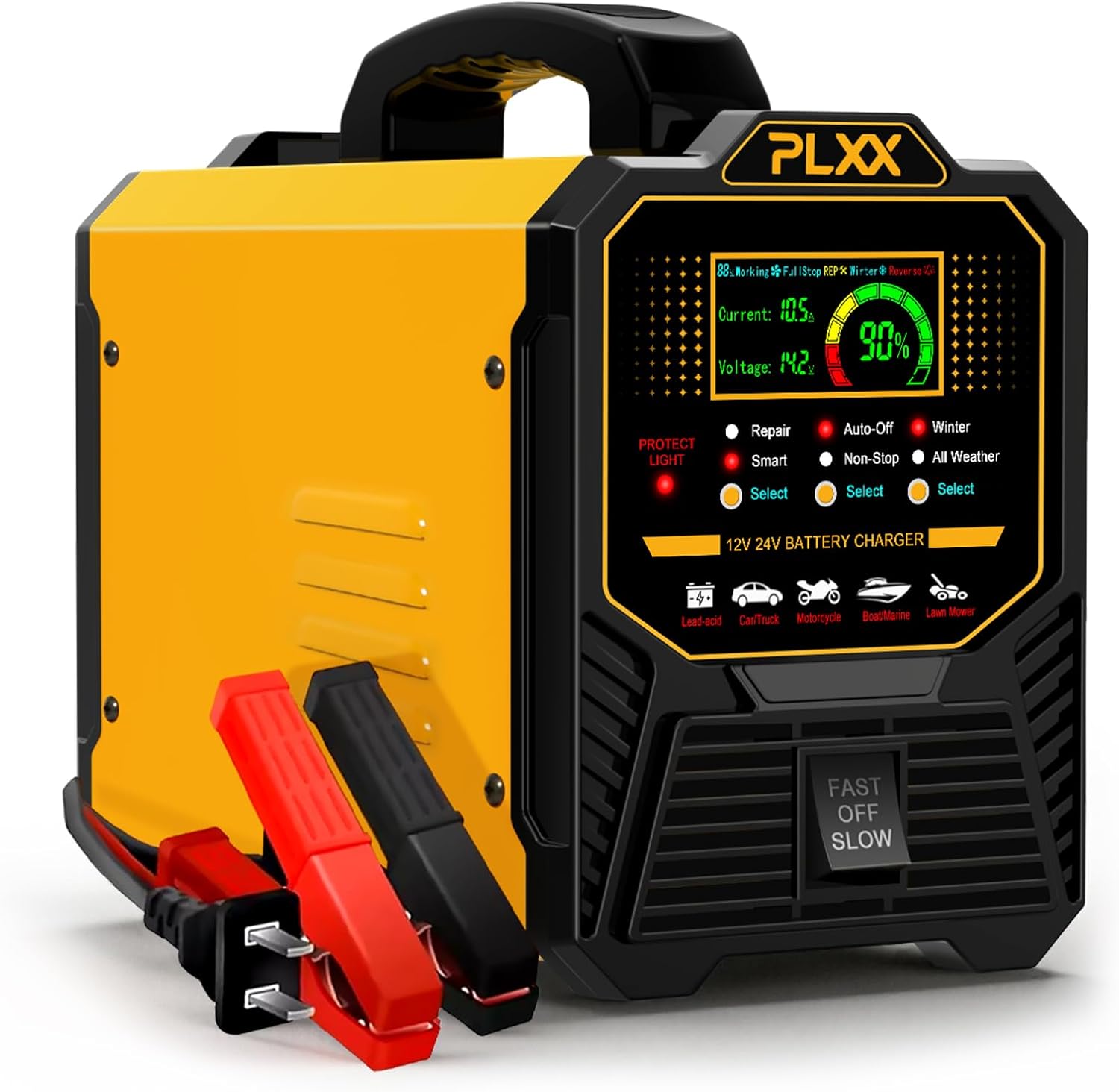 PLXX 12V 24V Car Battery Charger Heavy Duty 0-15A Automatic Smart Trickle Charger with Auto Shutoffs, Repair, Winter Mode, for Automotive Car Truck Motorcycle Lawn Mower Boat Marine AGM