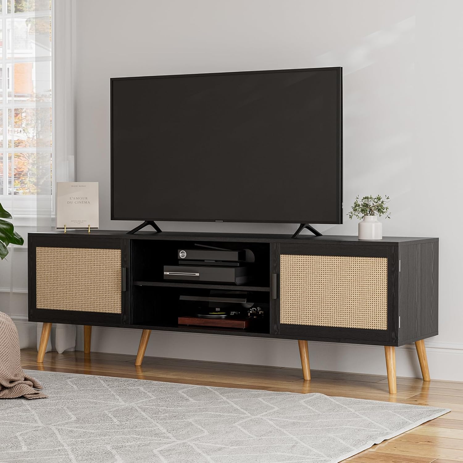 ZttRiee TV Stand for TVs up to 65'', Entertainment Center with Rattan Door, Shelves & 2 Cabinets, Boho Media TV Console for Living Room, Bedroom, Black