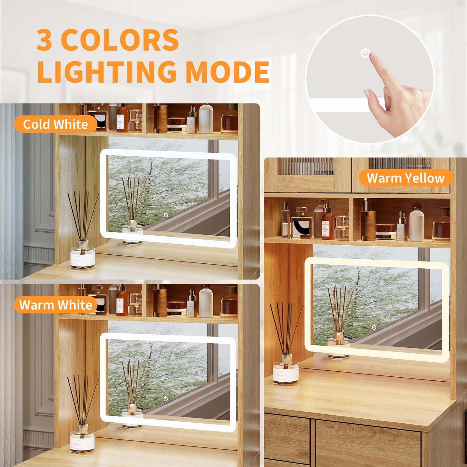 3-in-1 Make Up Vanity Desk with Mirror & Lights, Compact Vanity Table with Drawers, Storage Compartment and Rolling Stool, Modern Small Makeup Vanity and Storage Chair for Bedroom, Powder Room