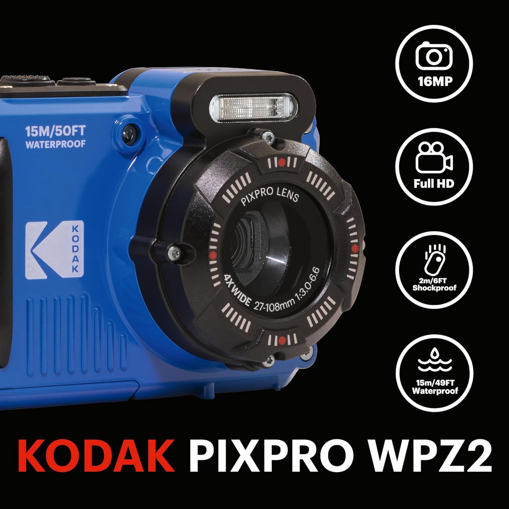 Kodak PIXPRO WPZ2 Waterproof Digital Camera, 16MP with 4X Optical Zoom, Shockproof, Dustproof, 1080p Video, Wi-Fi, Blue
