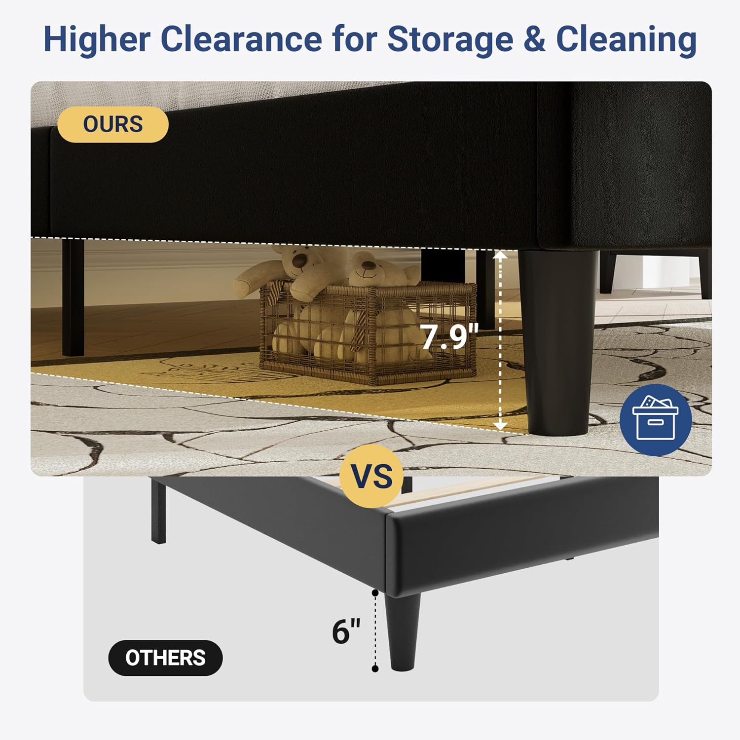 Allewie Queen Bed Frame, Velvet Upholstered Platform Bed with Adjustable Headboard, Horizontal Channel Design, Wood Slat Support, No Box Spring Needed, Noise Free, Easy Assembly, Black